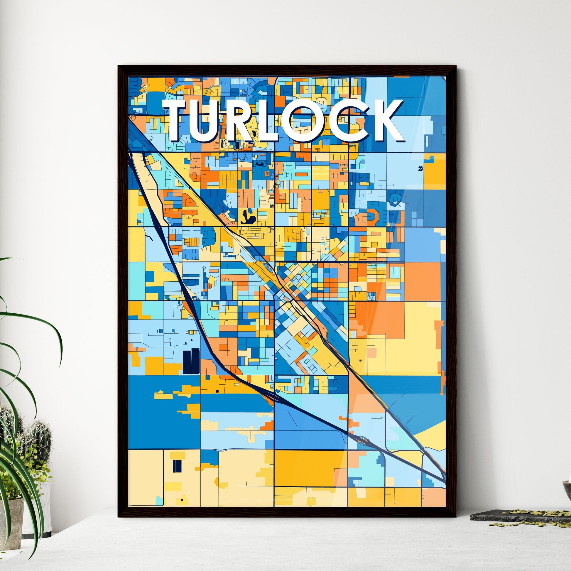 TURLOCK CALIFORNIA Vibrant Colorful Art Map Poster Blue Orange