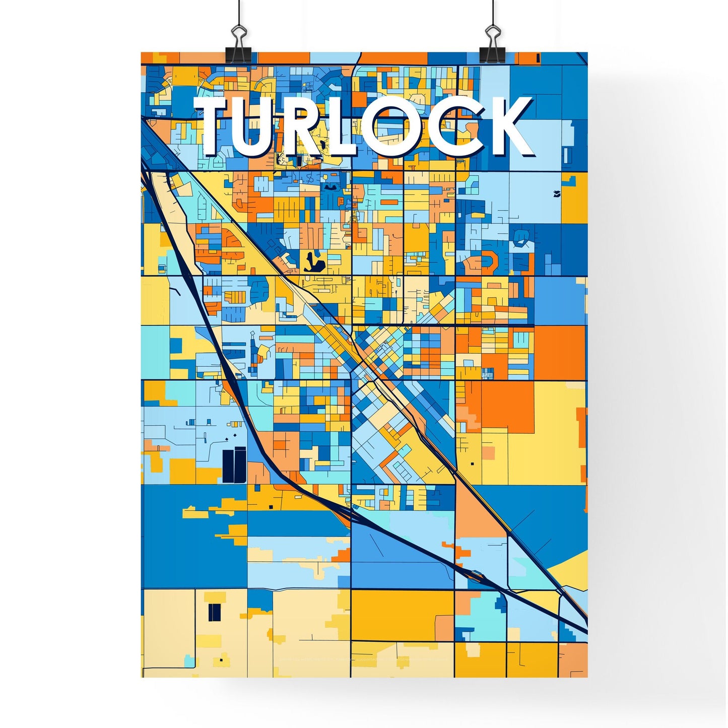 TURLOCK CALIFORNIA Vibrant Colorful Art Map Poster Blue Orange