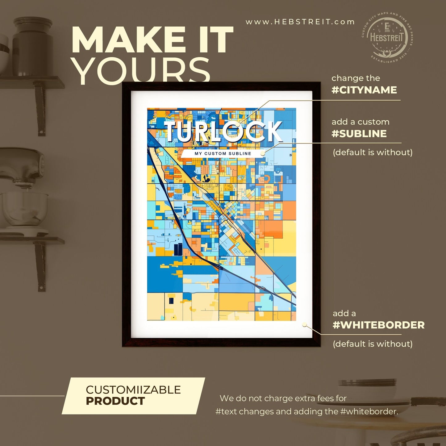 TURLOCK CALIFORNIA Vibrant Colorful Art Map Poster Blue Orange