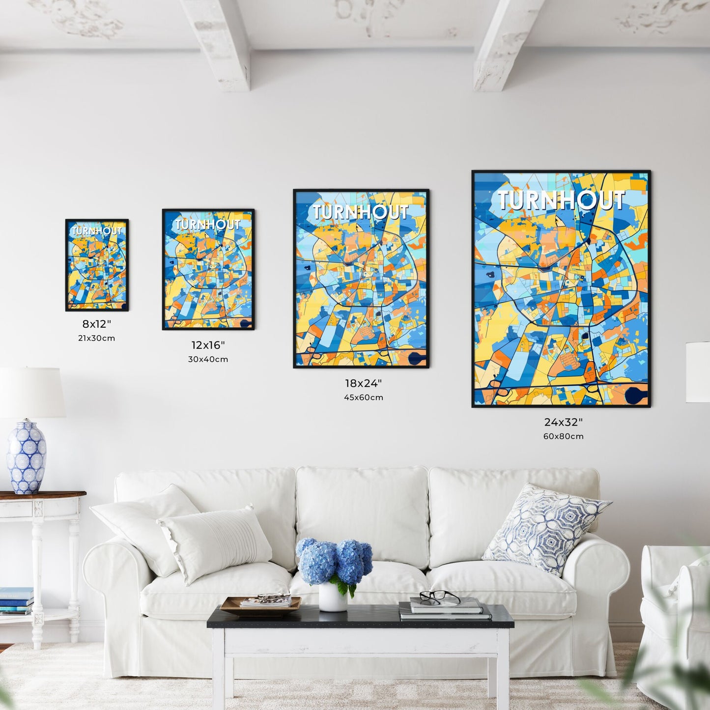 TURNHOUT BELGIUM Vibrant Colorful Art Map Poster Blue Orange