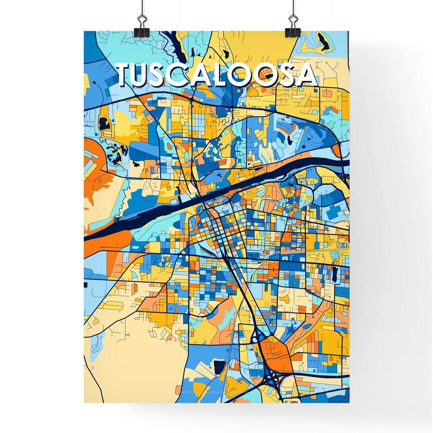 TUSCALOOSA ALABAMA Vibrant Colorful Art Map Poster Blue Orange