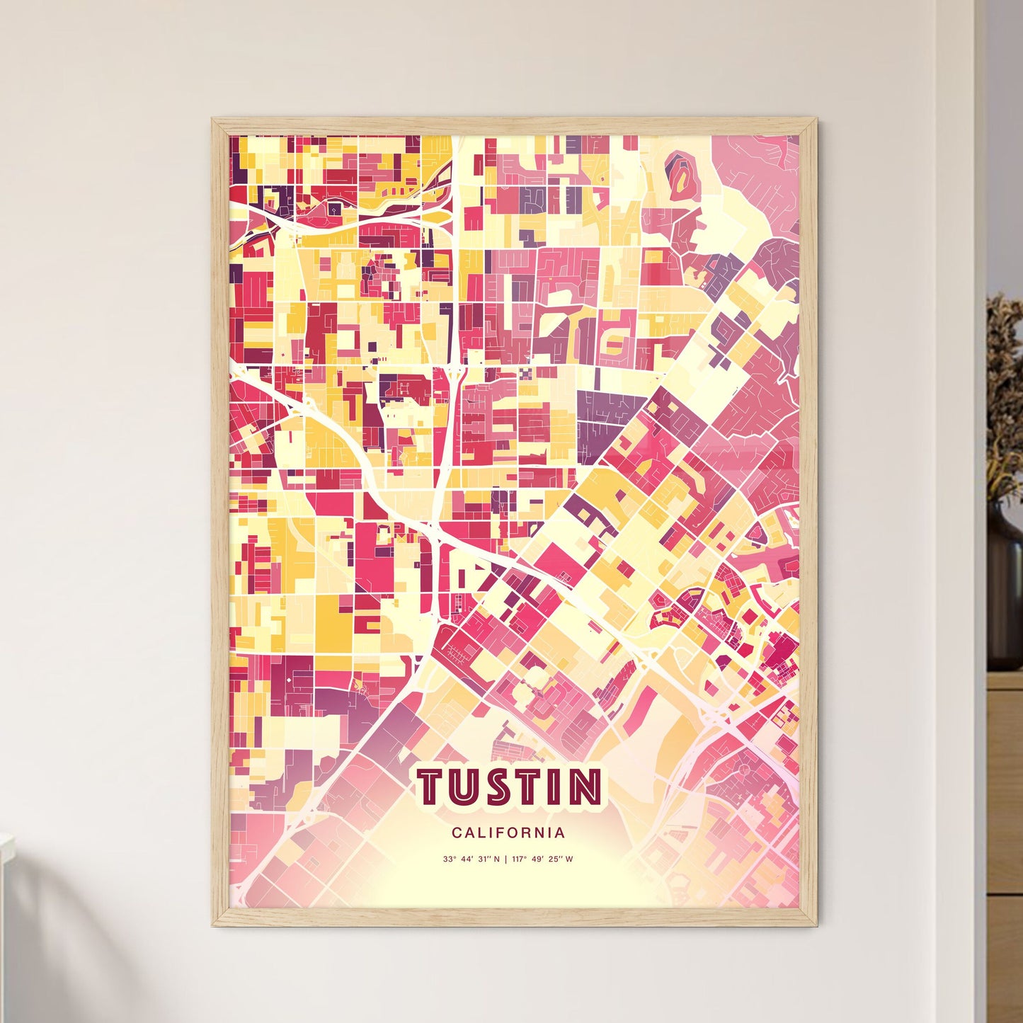 Colorful Tustin California Fine Art Map Hot Red