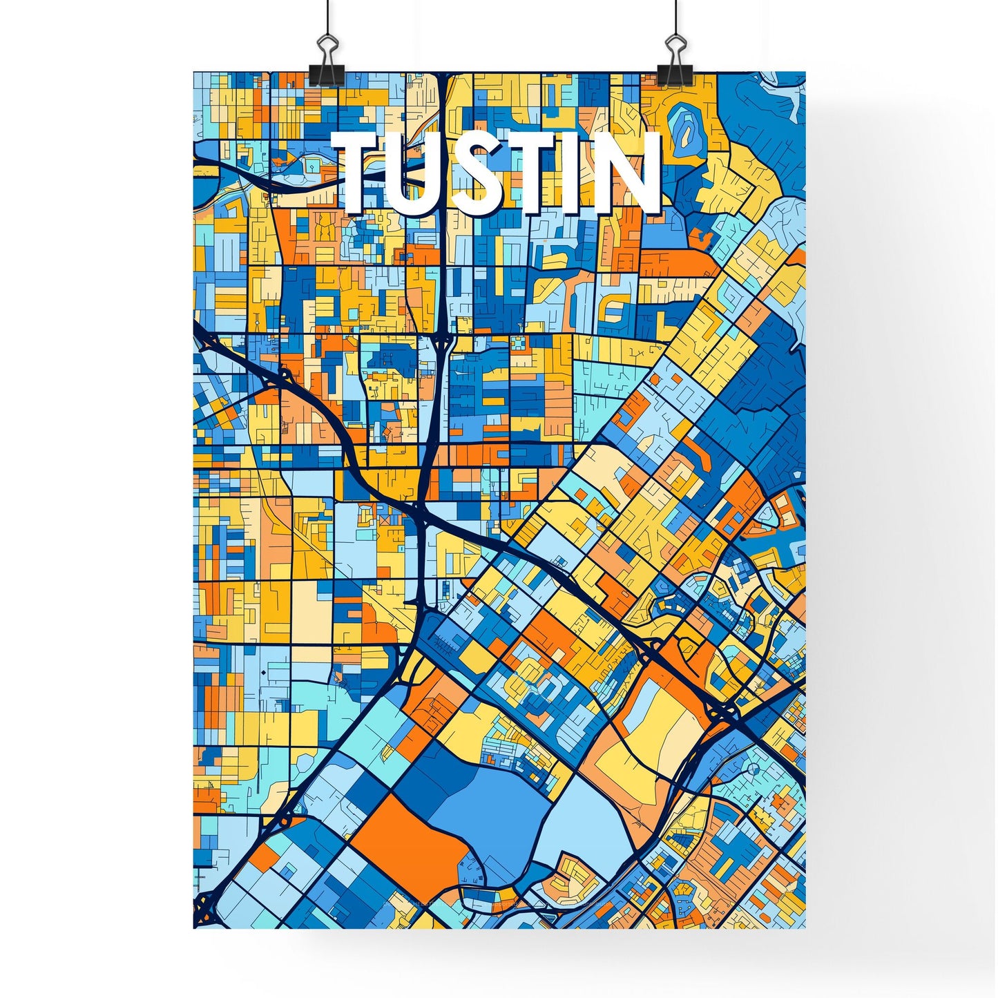 TUSTIN CALIFORNIA Vibrant Colorful Art Map Poster Blue Orange