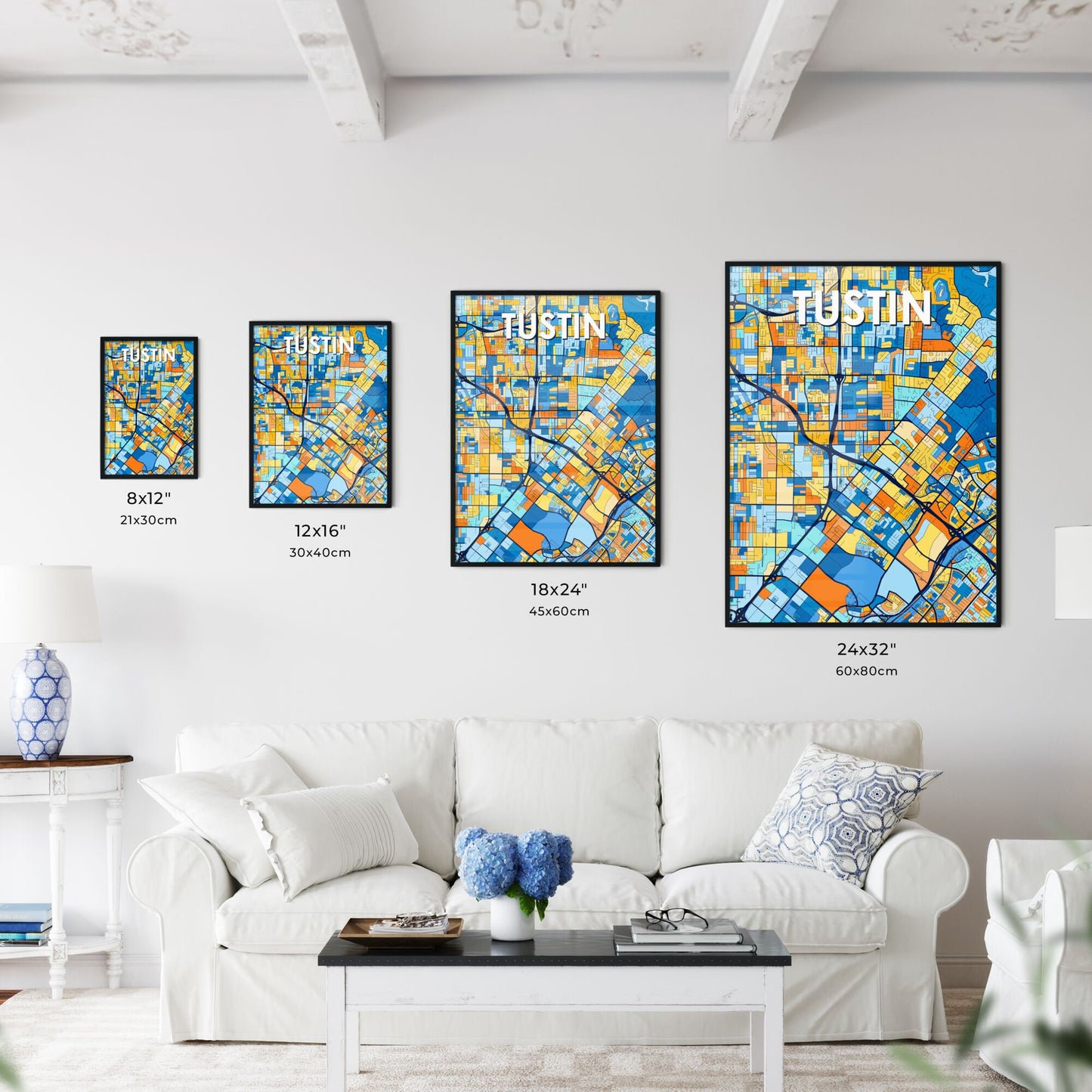 TUSTIN CALIFORNIA Vibrant Colorful Art Map Poster Blue Orange