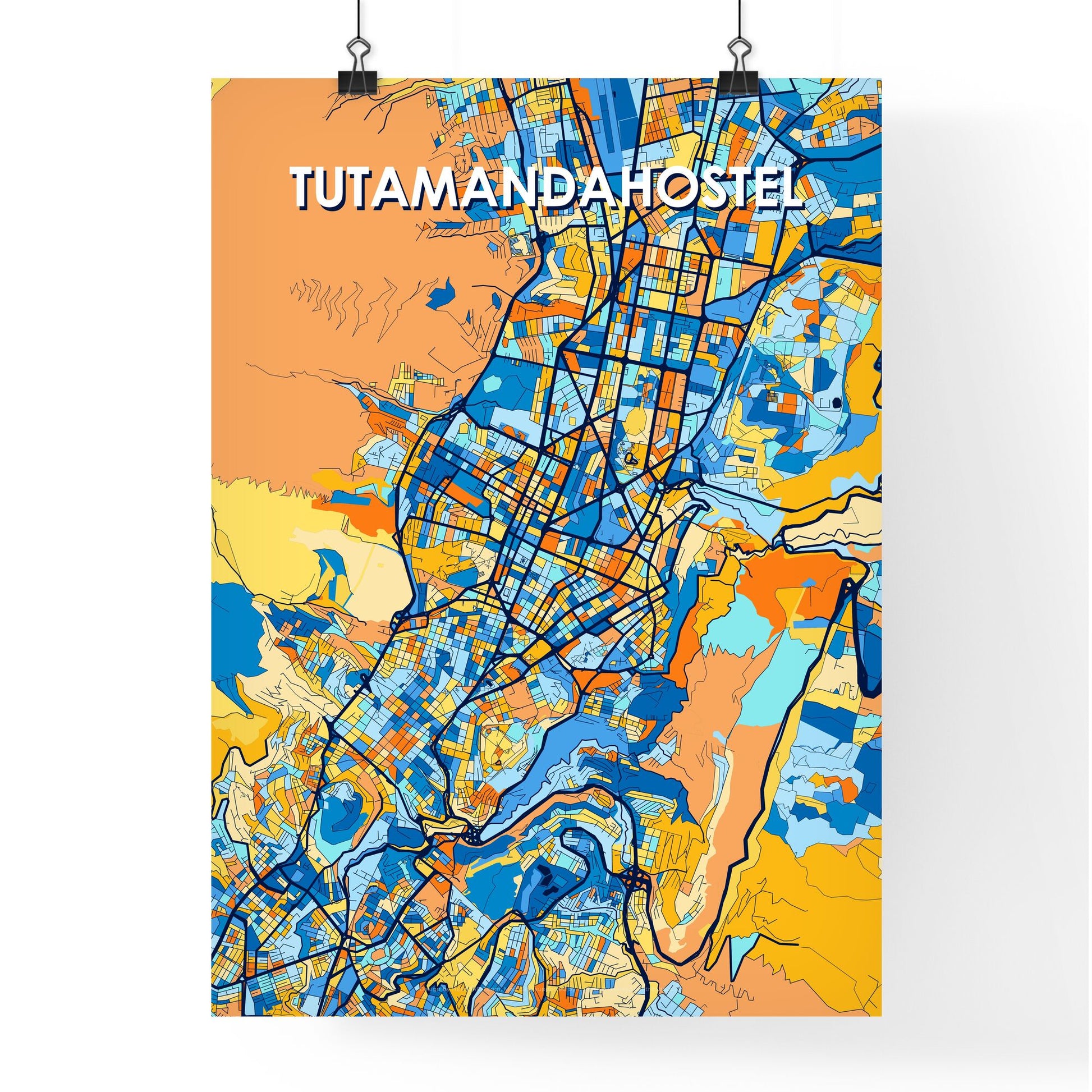 TUTAMANDAHOSTEL ECUADOR Vibrant Colorful Art Map Poster Blue Orange