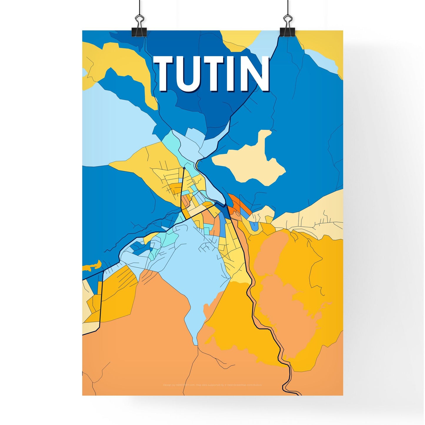 TUTIN SERBIA Vibrant Colorful Art Map Poster Blue Orange