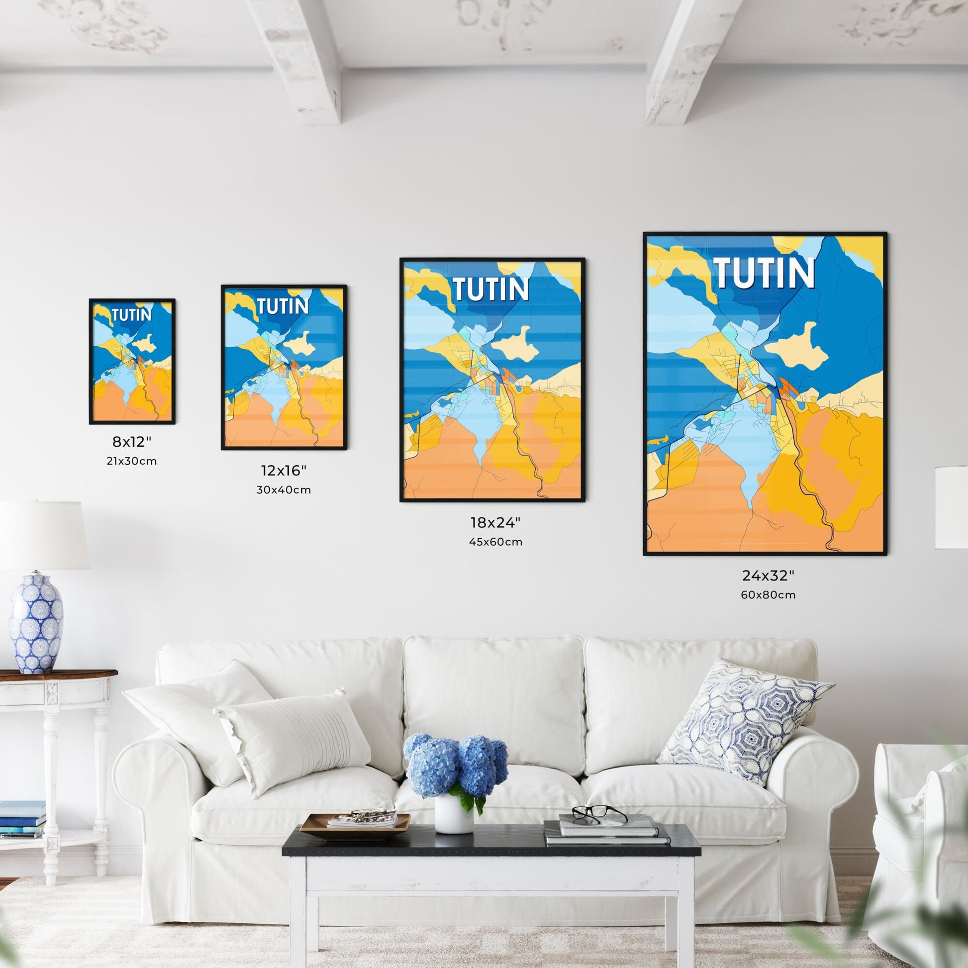 TUTIN SERBIA Vibrant Colorful Art Map Poster Blue Orange