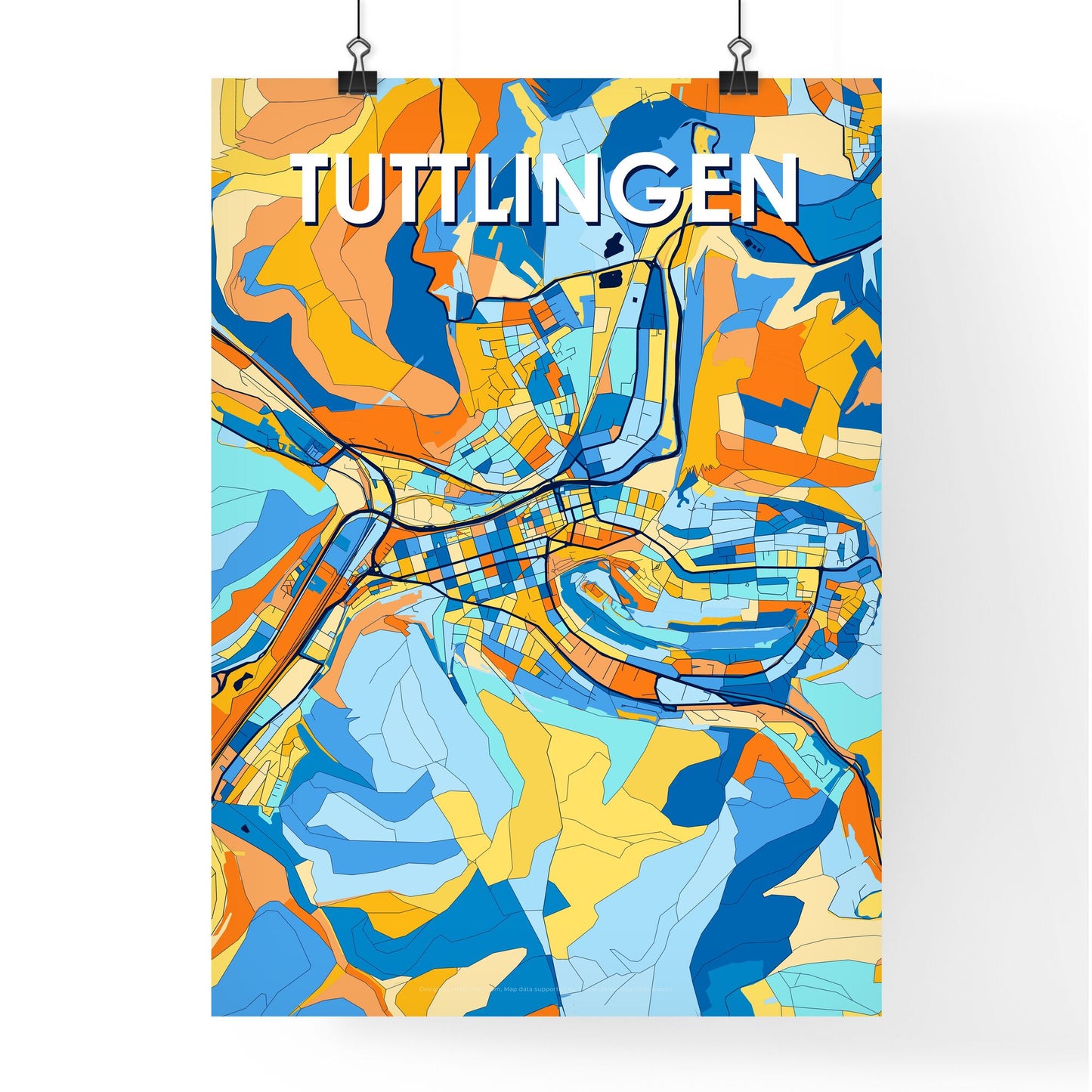 TUTTLINGEN GERMANY Vibrant Colorful Art Map Poster Blue Orange