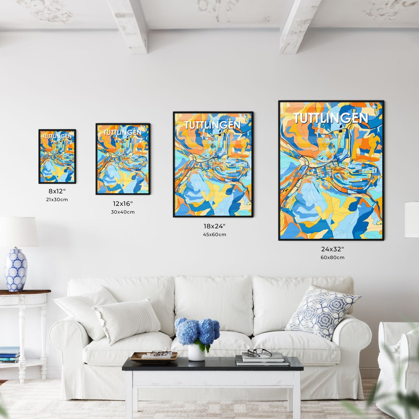 TUTTLINGEN GERMANY Vibrant Colorful Art Map Poster Blue Orange