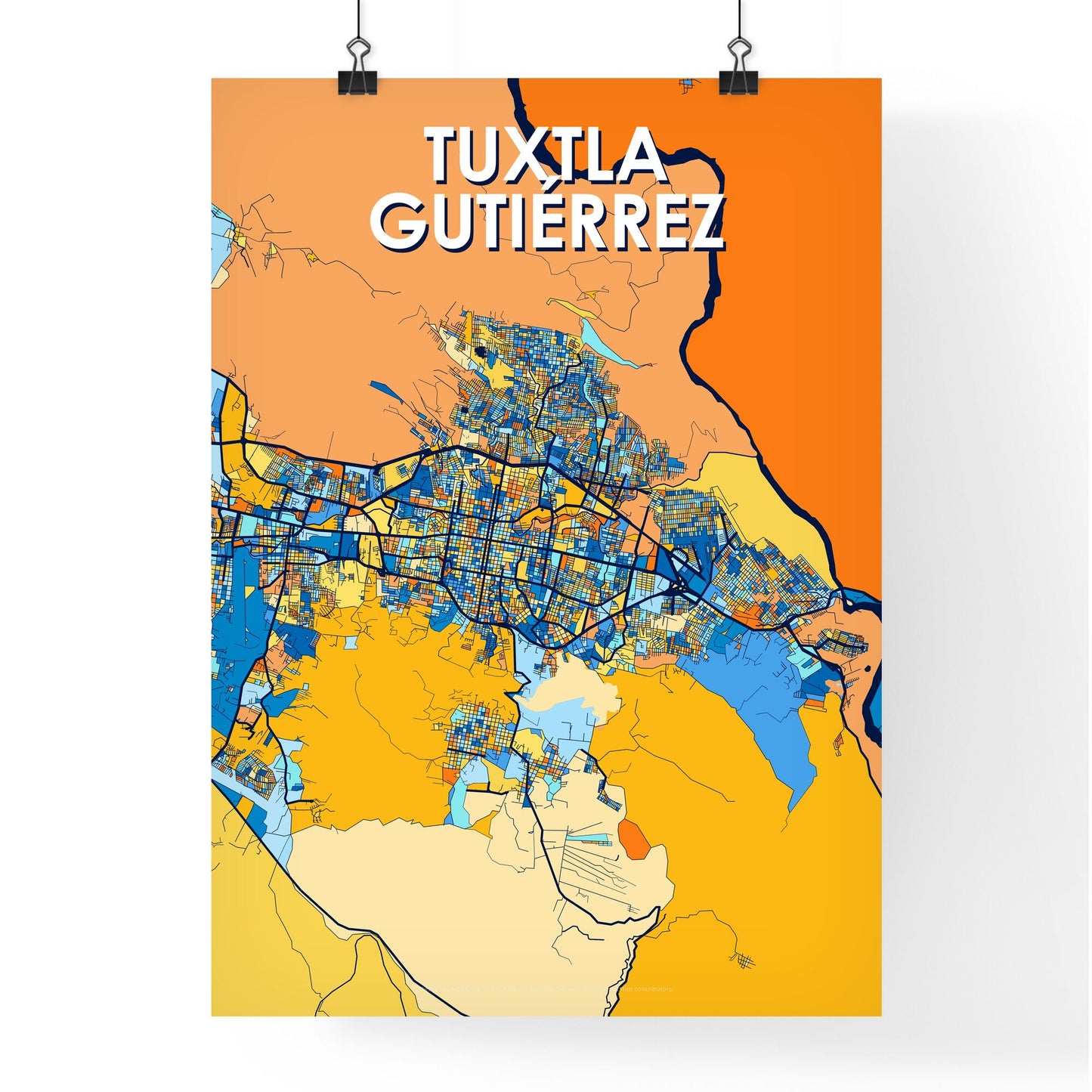 TUXTLA GUTIÉRREZ MEXICO Vibrant Colorful Art Map Poster Blue Orange