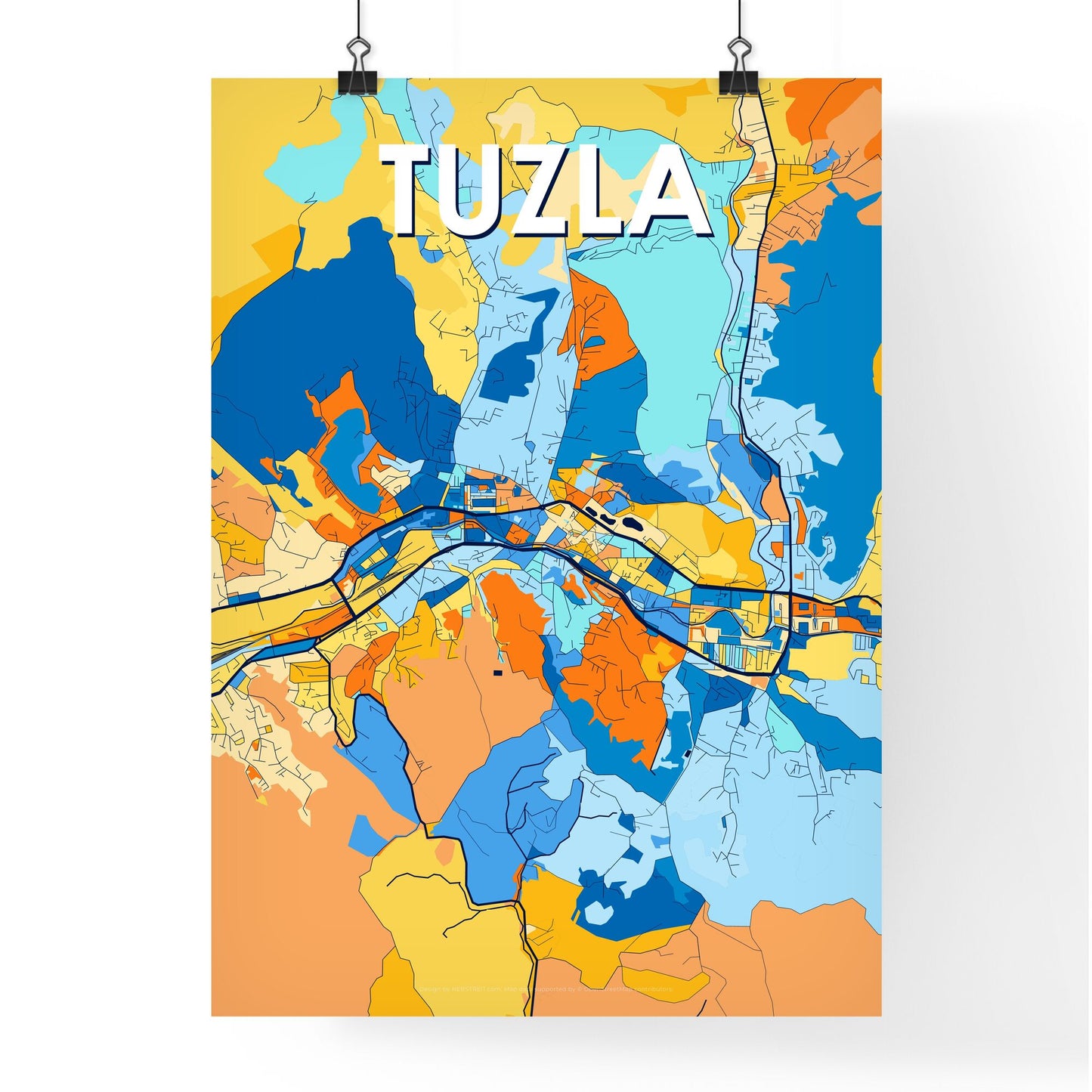 TUZLA BOSNIA AND HERZEGOVINA Vibrant Colorful Art Map Poster Blue Orange