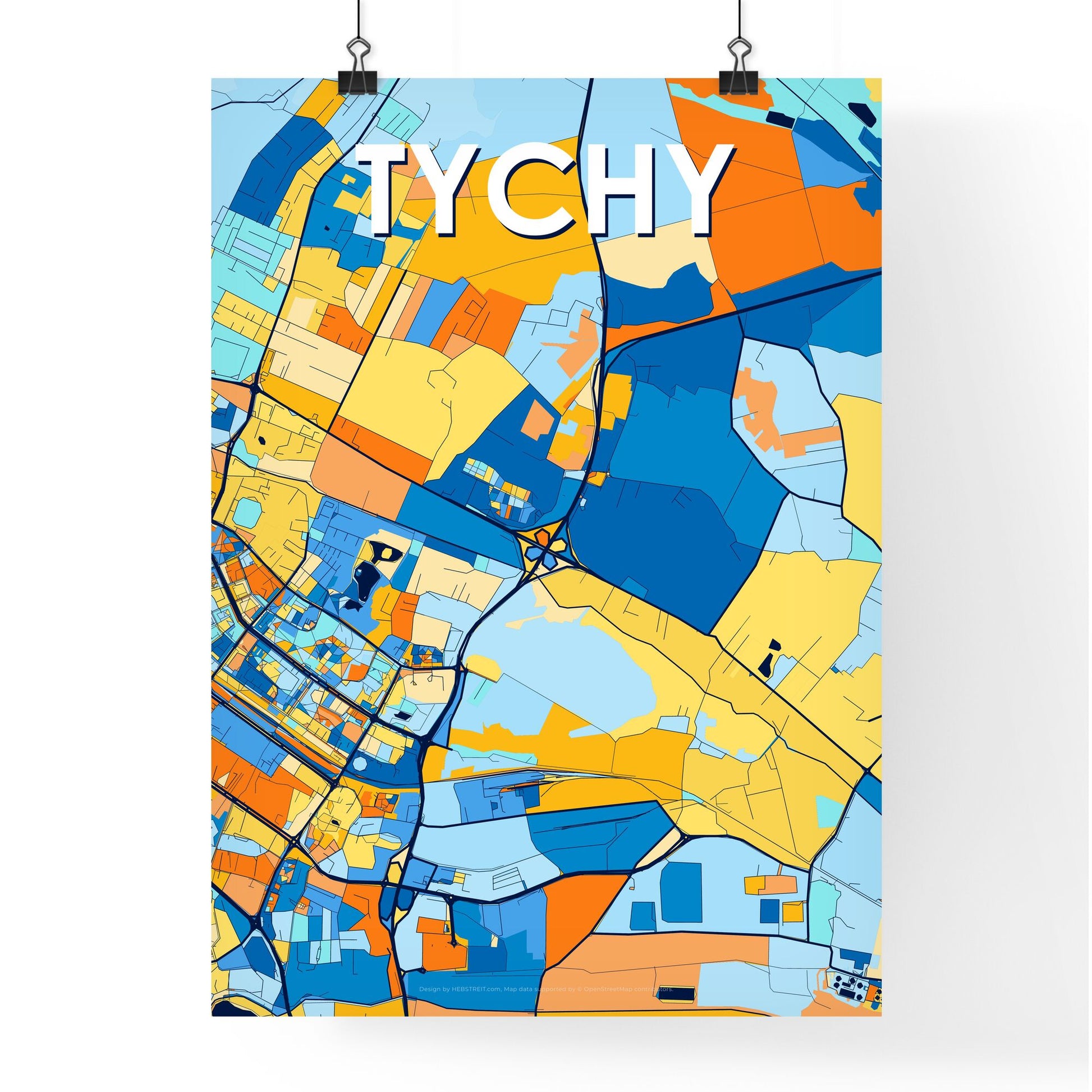 TYCHY POLAND Vibrant Colorful Art Map Poster Blue Orange