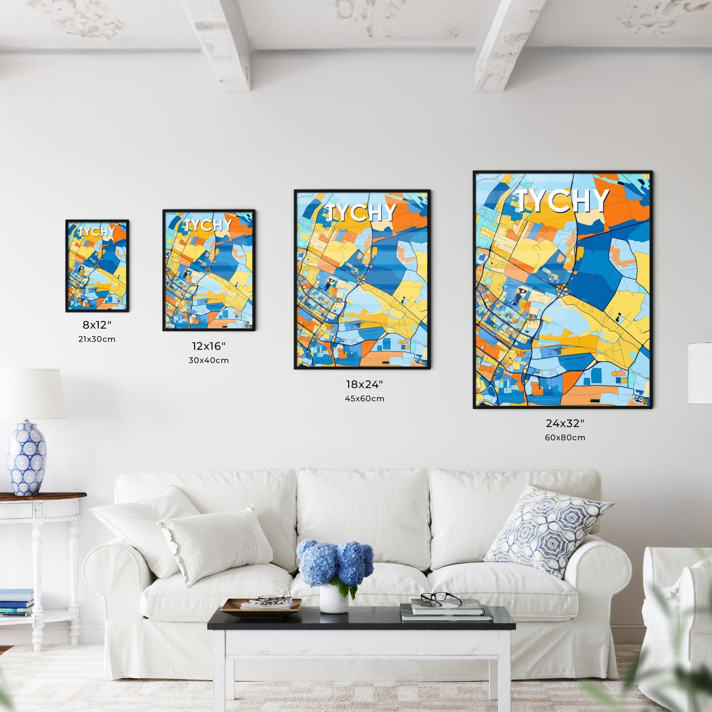 TYCHY POLAND Vibrant Colorful Art Map Poster Blue Orange