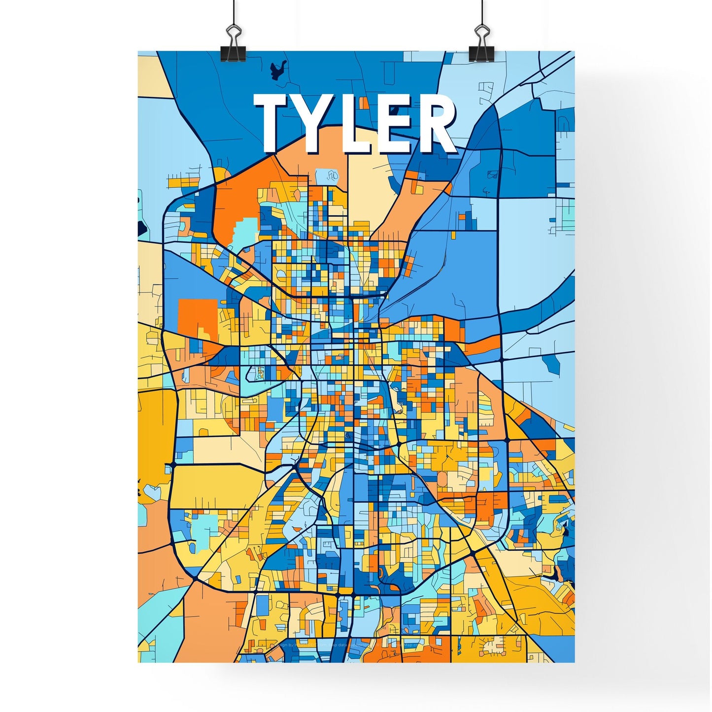 TYLER TEXAS Vibrant Colorful Art Map Poster Blue Orange