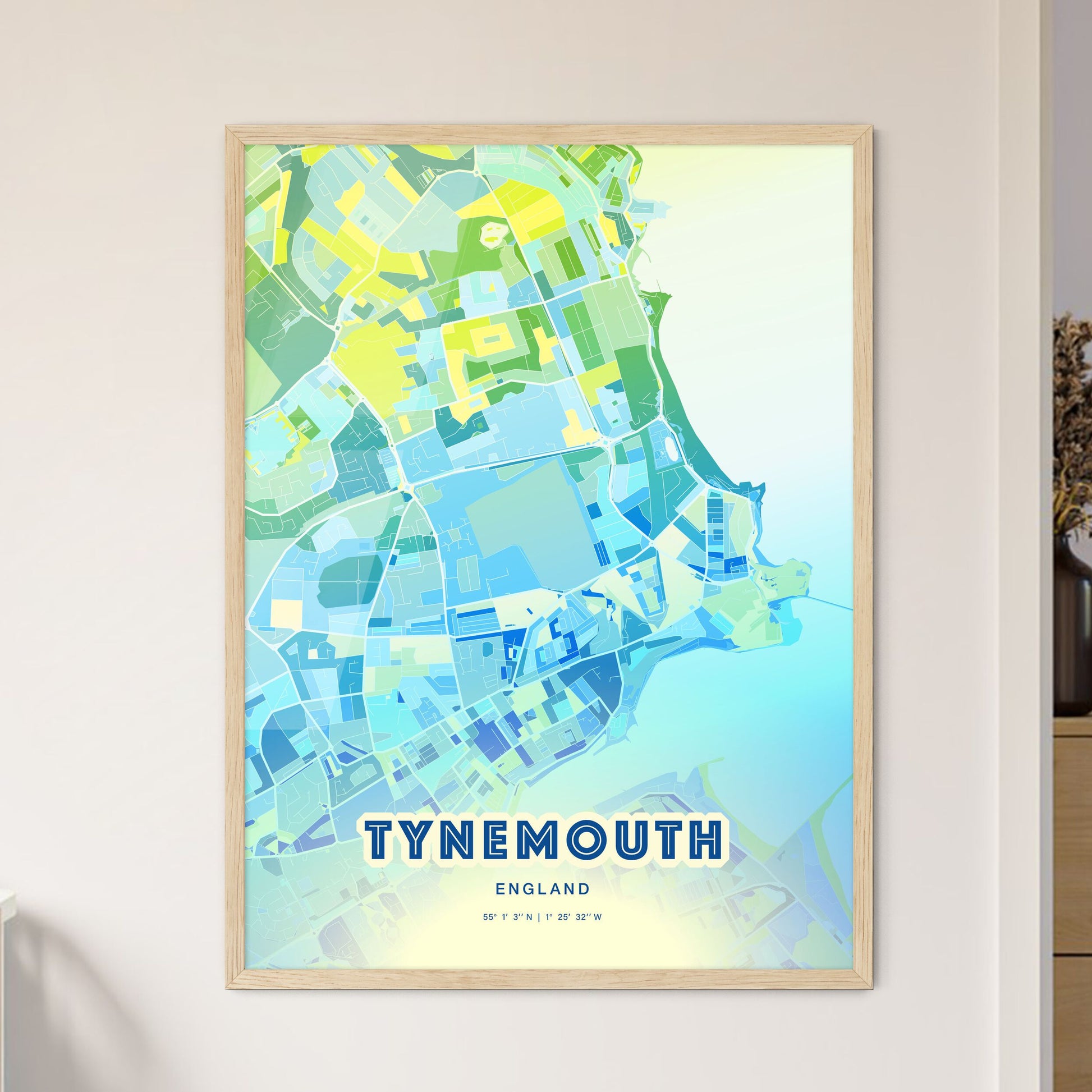 Colorful Tynemouth England Fine Art Map Cool Blue