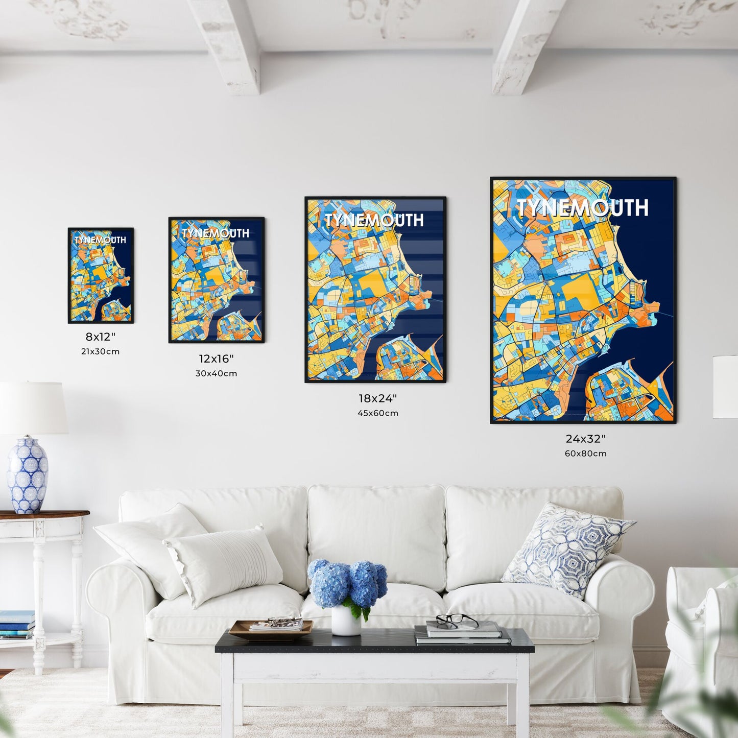 TYNEMOUTH ENGLAND Vibrant Colorful Art Map Poster Blue Orange