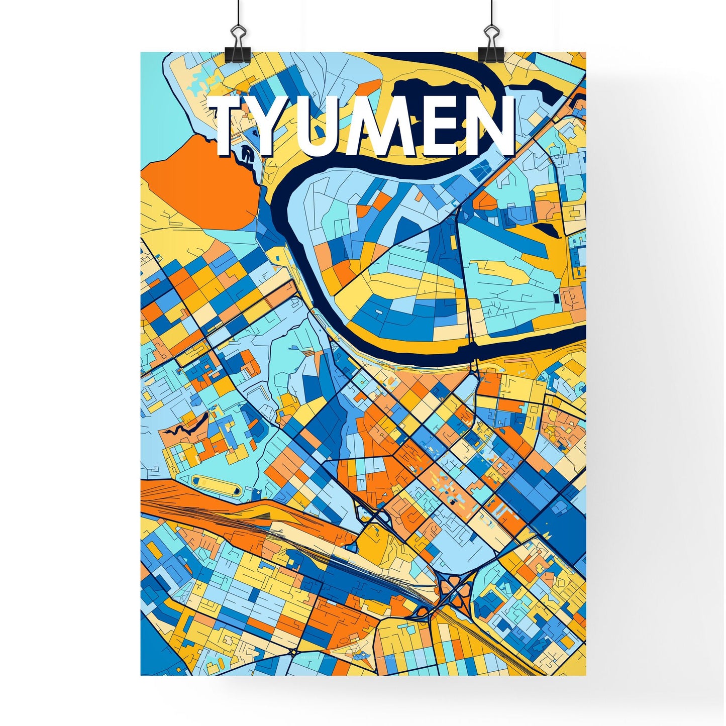 TYUMEN RUSSIA Vibrant Colorful Art Map Poster Blue Orange