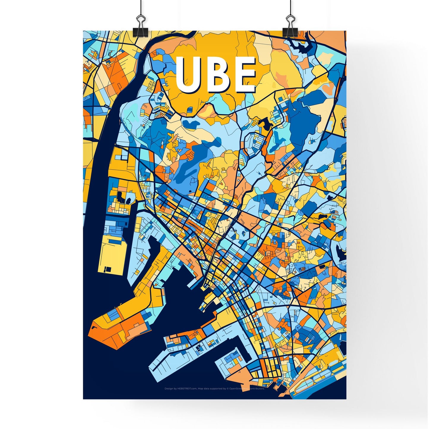 UBE JAPAN Vibrant Colorful Art Map Poster Blue Orange