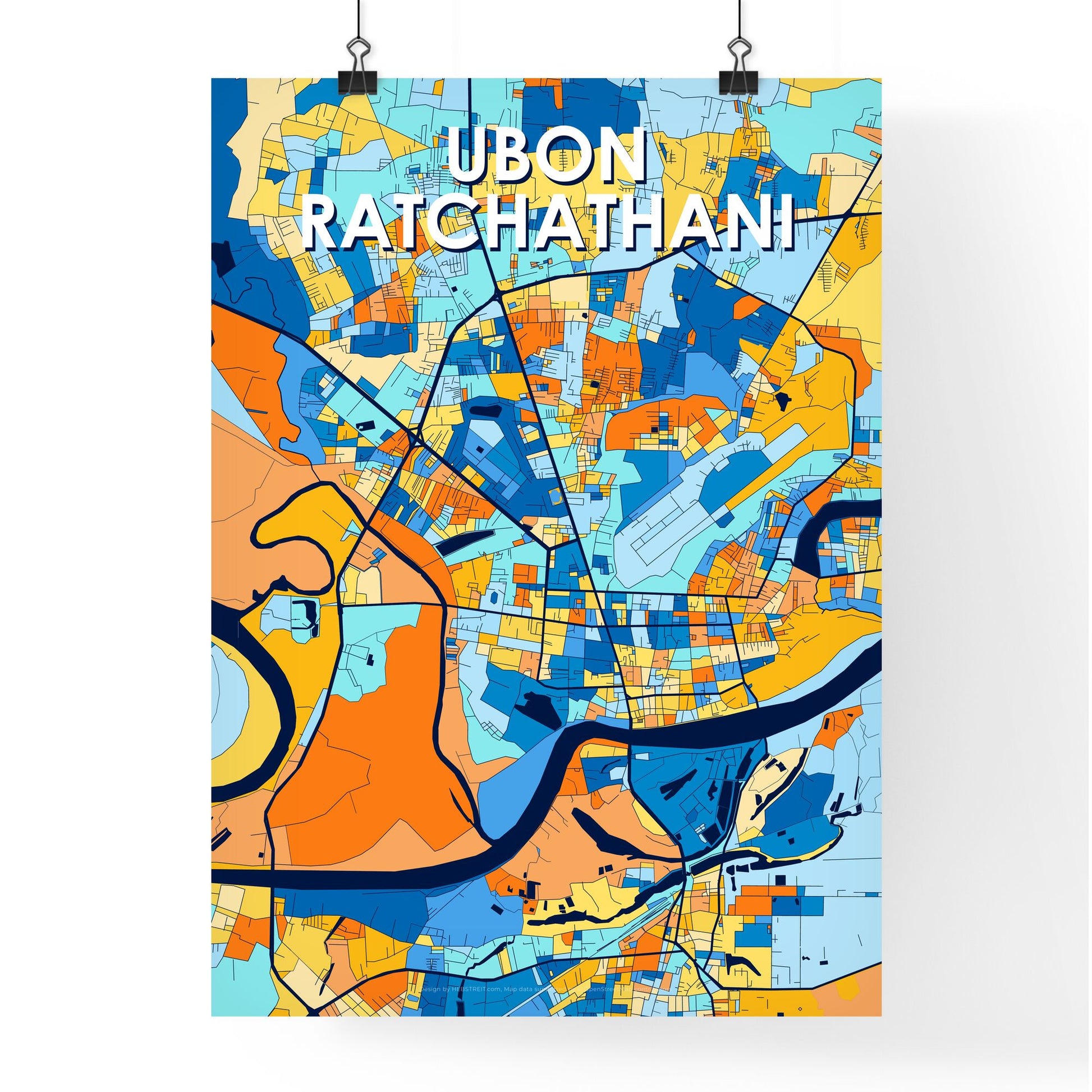 UBON RATCHATHANI THAILAND Vibrant Colorful Art Map Poster Blue Orange