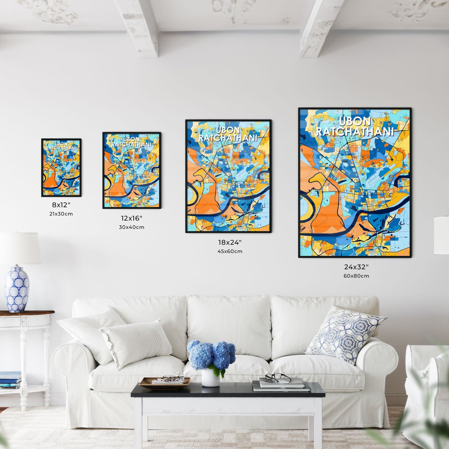 UBON RATCHATHANI THAILAND Vibrant Colorful Art Map Poster Blue Orange