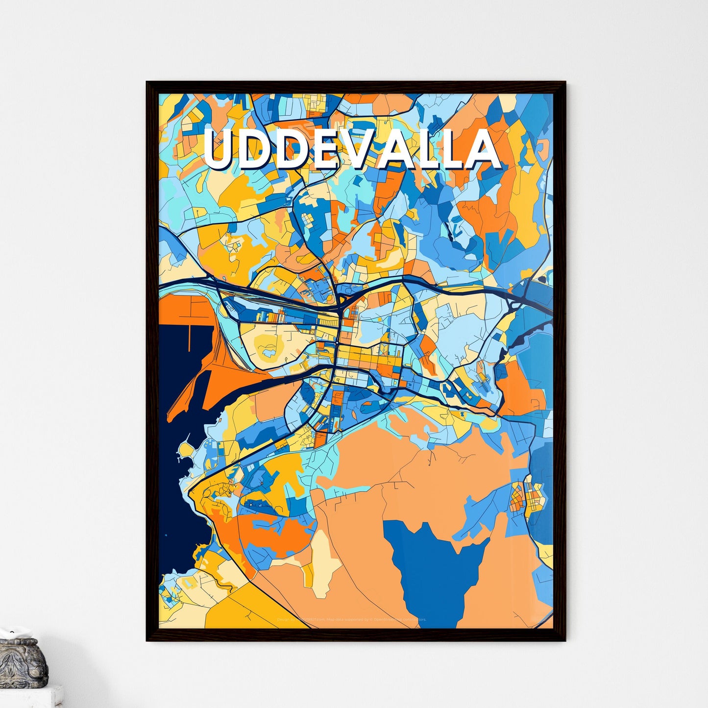 UDDEVALLA SWEDEN Vibrant Colorful Art Map Poster Blue Orange