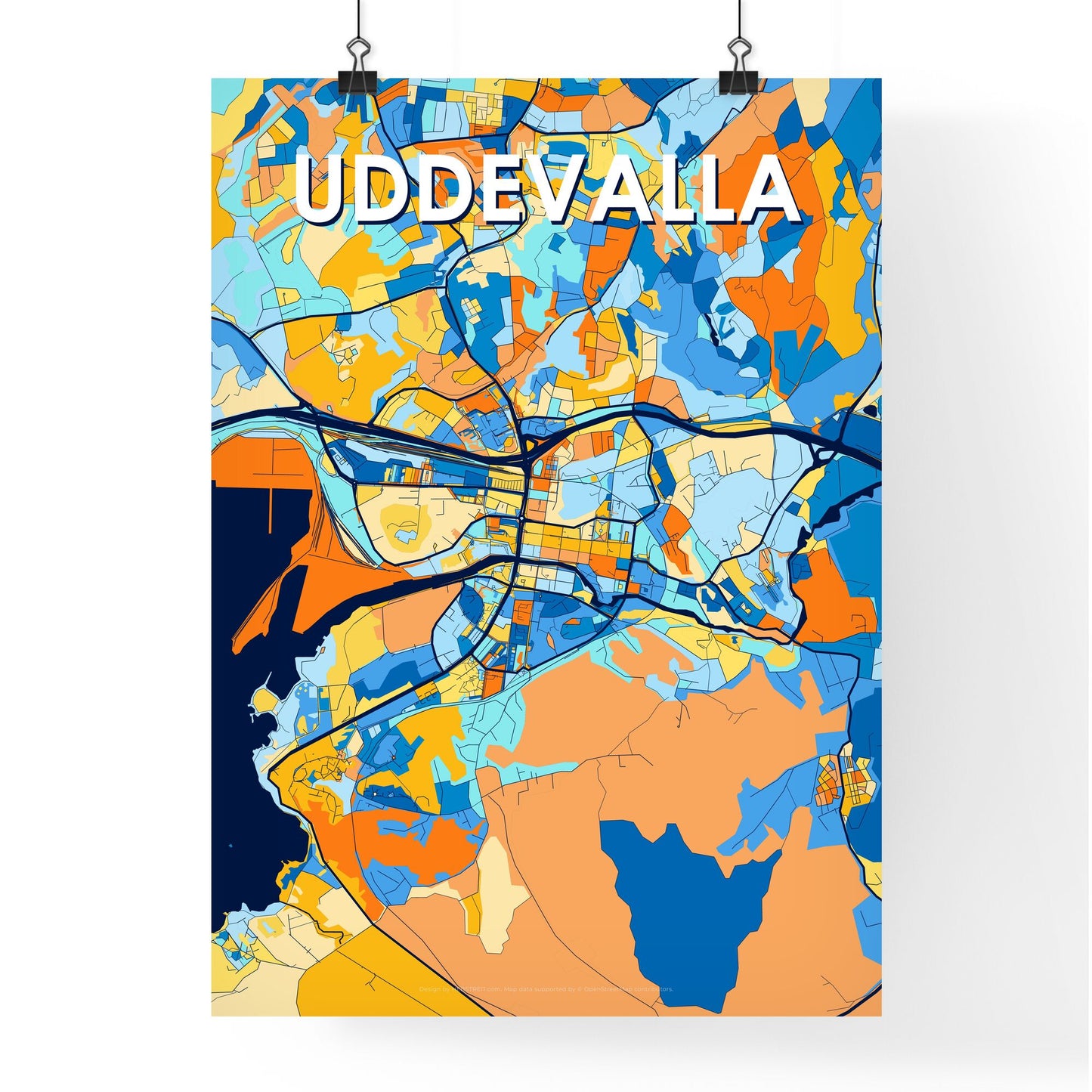 UDDEVALLA SWEDEN Vibrant Colorful Art Map Poster Blue Orange