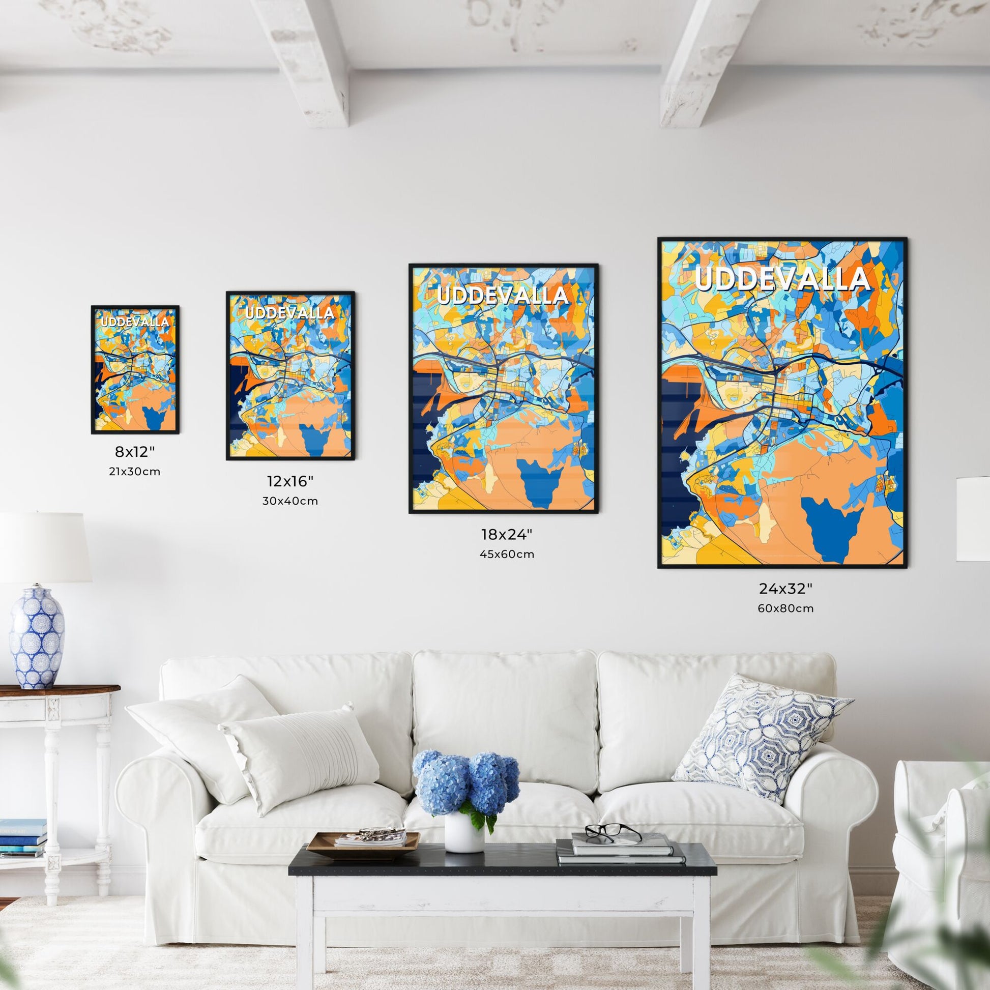 UDDEVALLA SWEDEN Vibrant Colorful Art Map Poster Blue Orange