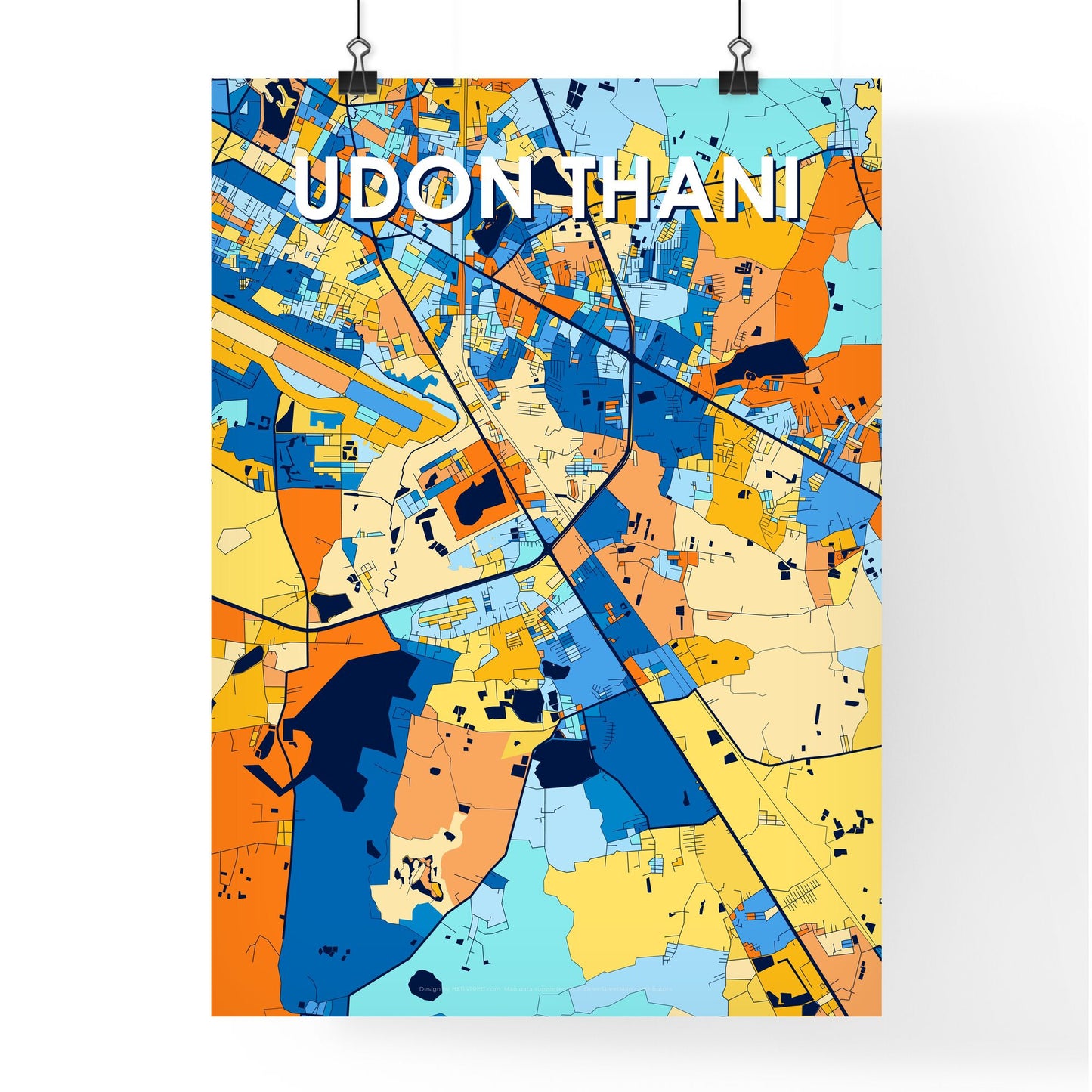 UDON THANI THAILAND Vibrant Colorful Art Map Poster Blue Orange