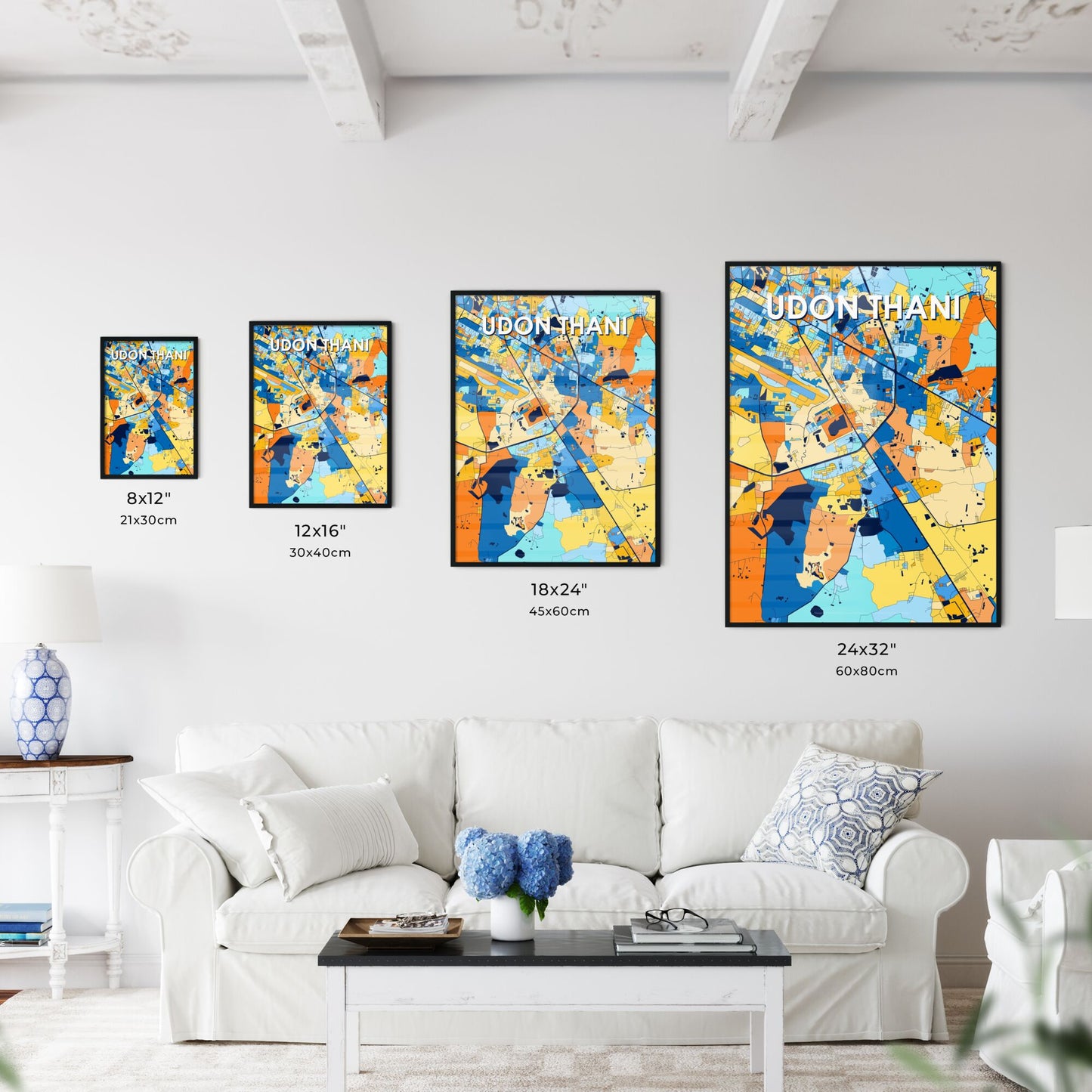 UDON THANI THAILAND Vibrant Colorful Art Map Poster Blue Orange