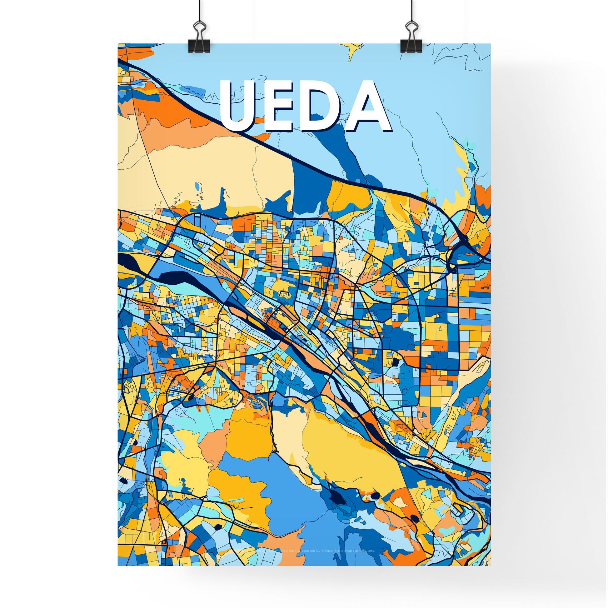 UEDA JAPAN Vibrant Colorful Art Map Poster Blue Orange