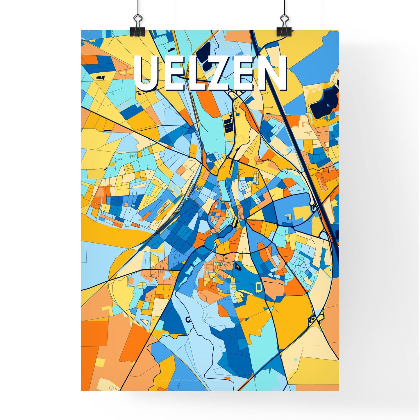 UELZEN GERMANY Vibrant Colorful Art Map Poster Blue Orange