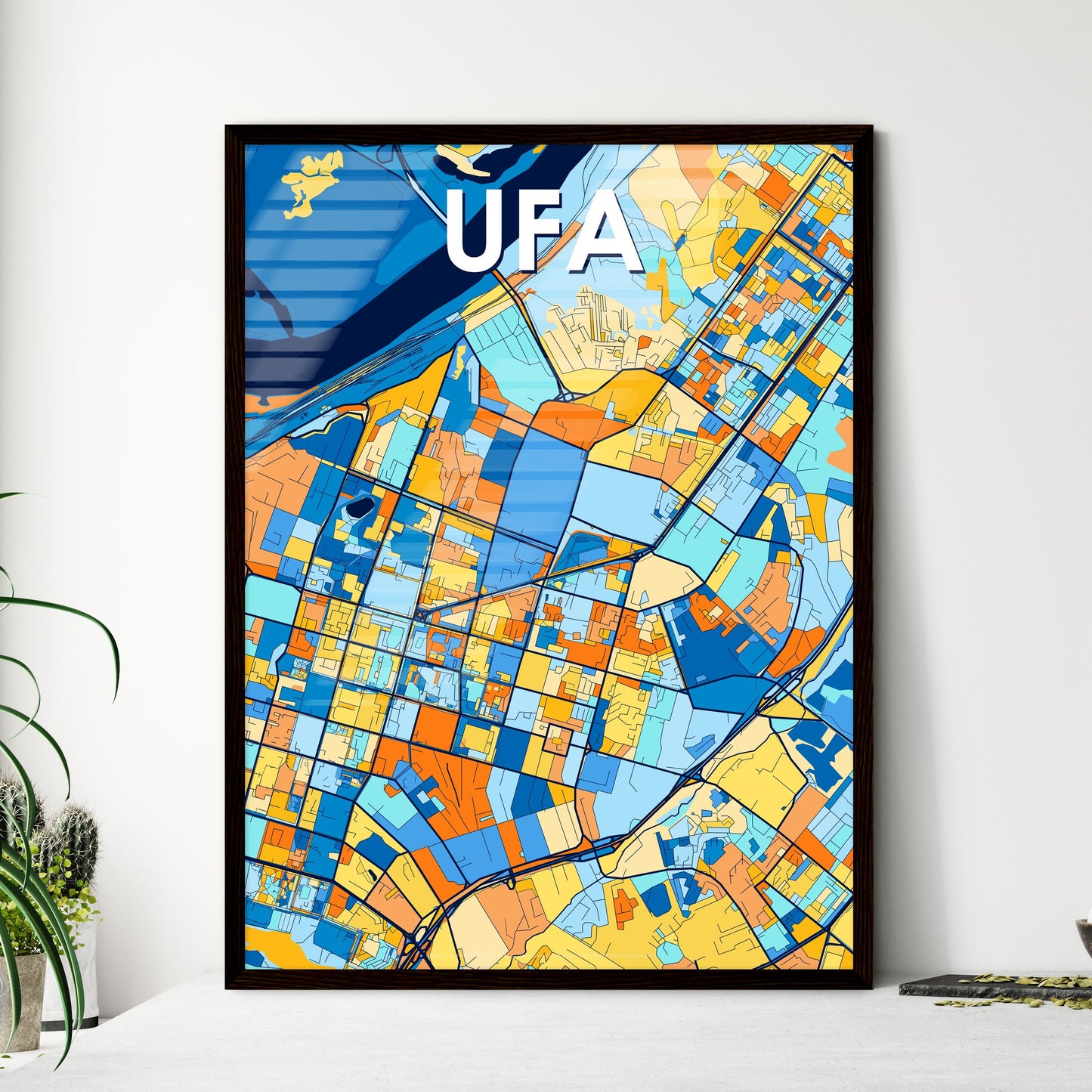 UFA RUSSIA Vibrant Colorful Art Map Poster Blue Orange