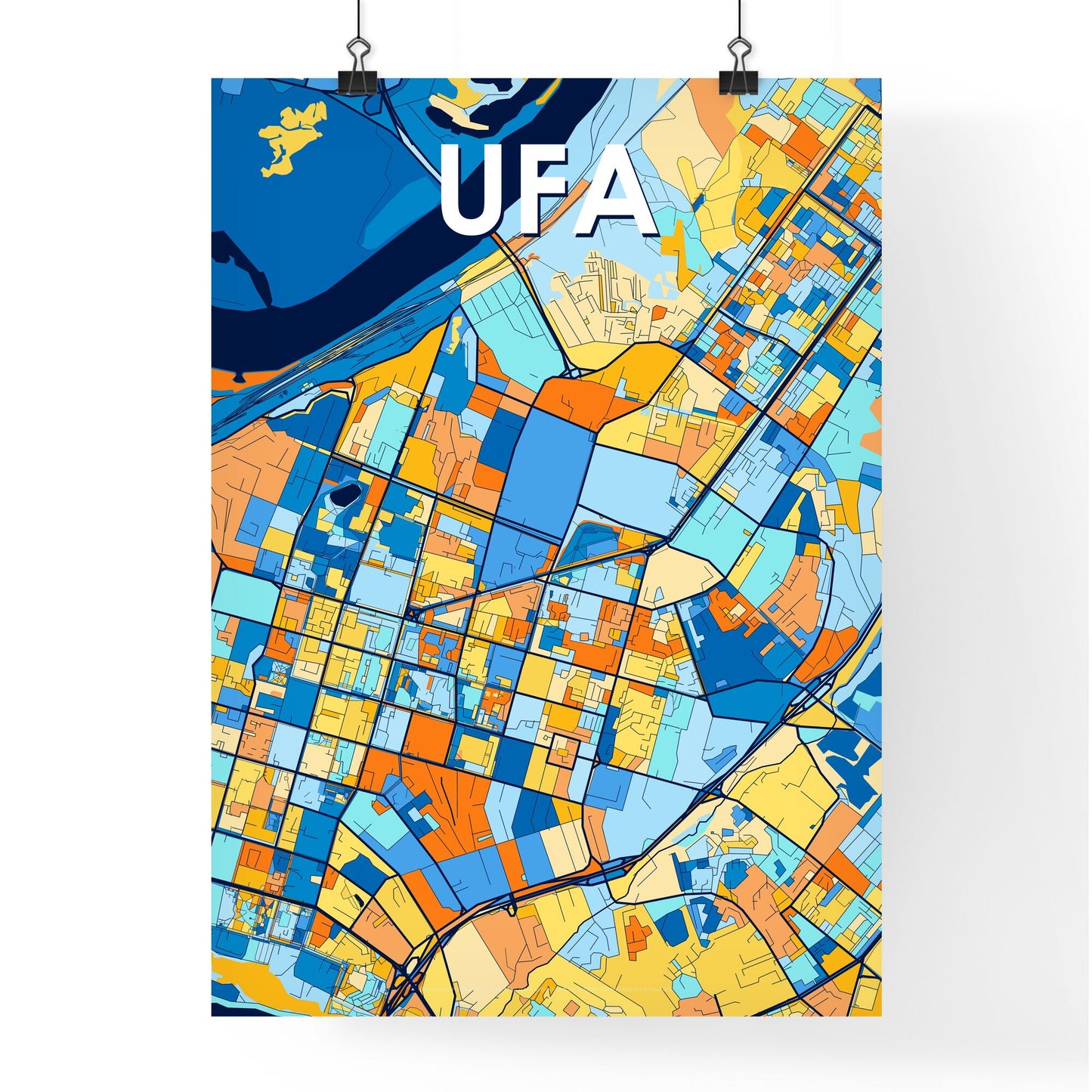 UFA RUSSIA Vibrant Colorful Art Map Poster Blue Orange