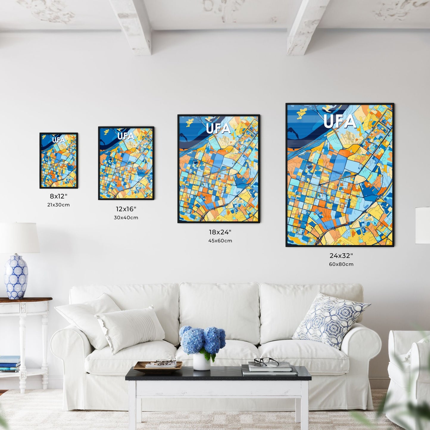 UFA RUSSIA Vibrant Colorful Art Map Poster Blue Orange