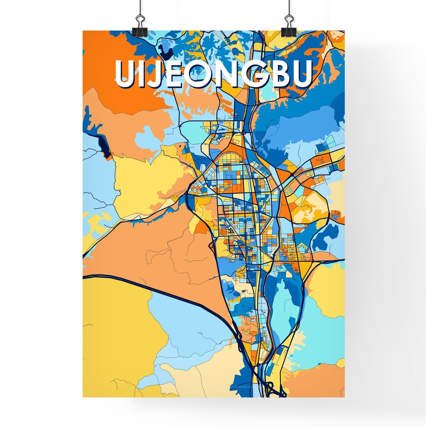 UIJEONGBU SOUTH KOREA Vibrant Colorful Art Map Poster Blue Orange