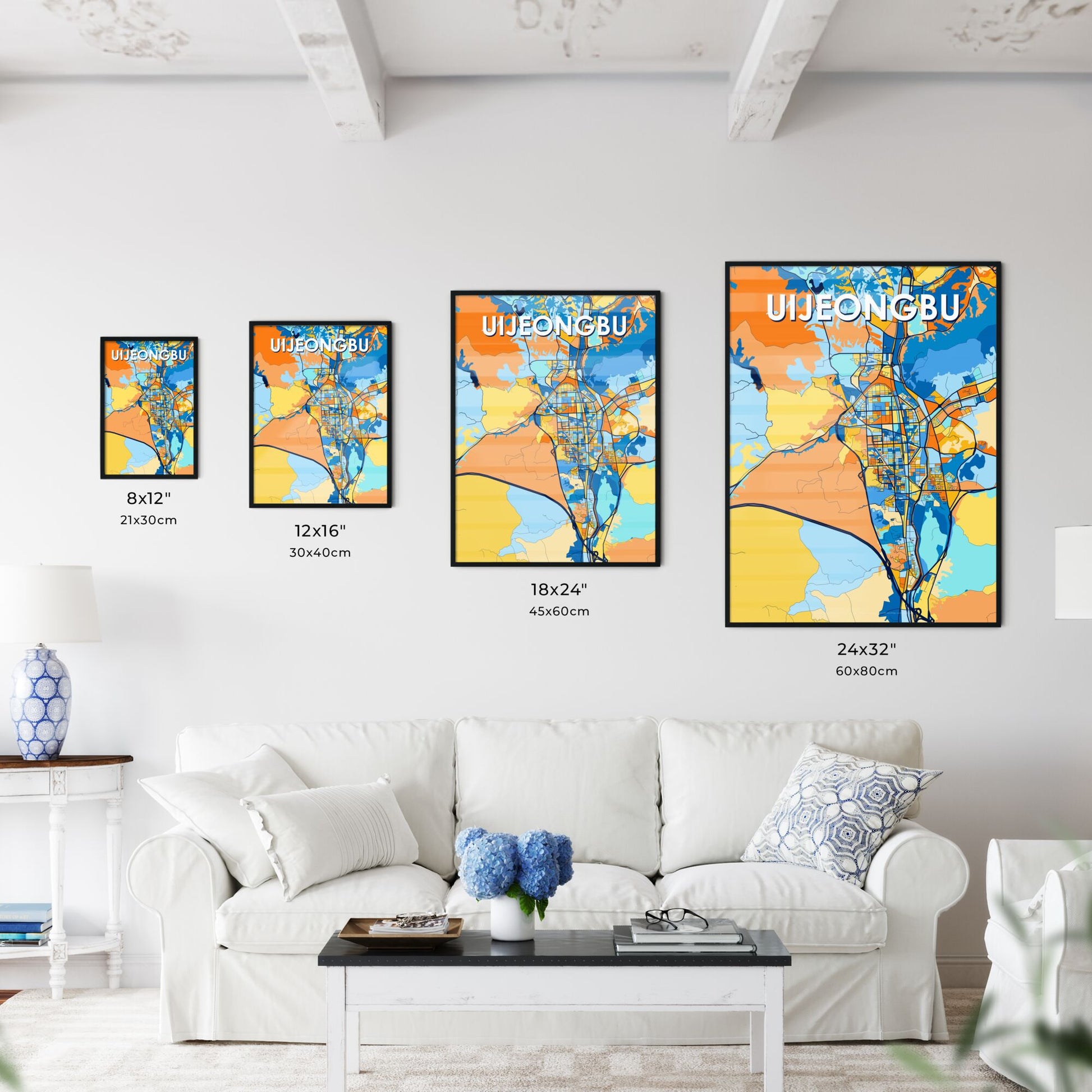 UIJEONGBU SOUTH KOREA Vibrant Colorful Art Map Poster Blue Orange