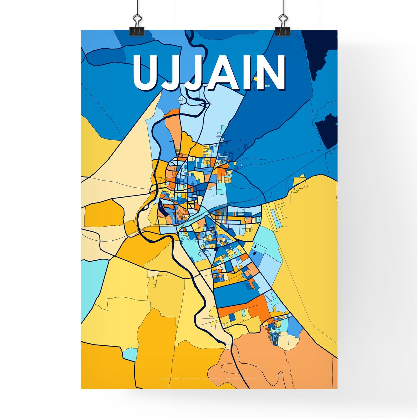 UJJAIN INDIA Vibrant Colorful Art Map Poster Blue Orange