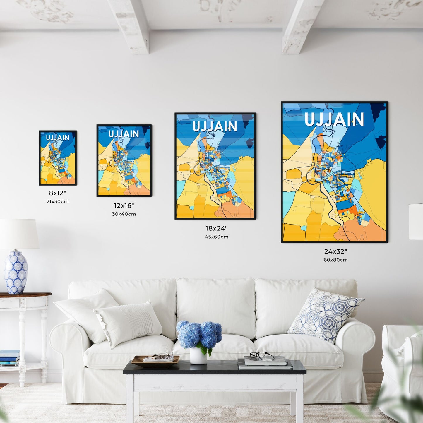 UJJAIN INDIA Vibrant Colorful Art Map Poster Blue Orange