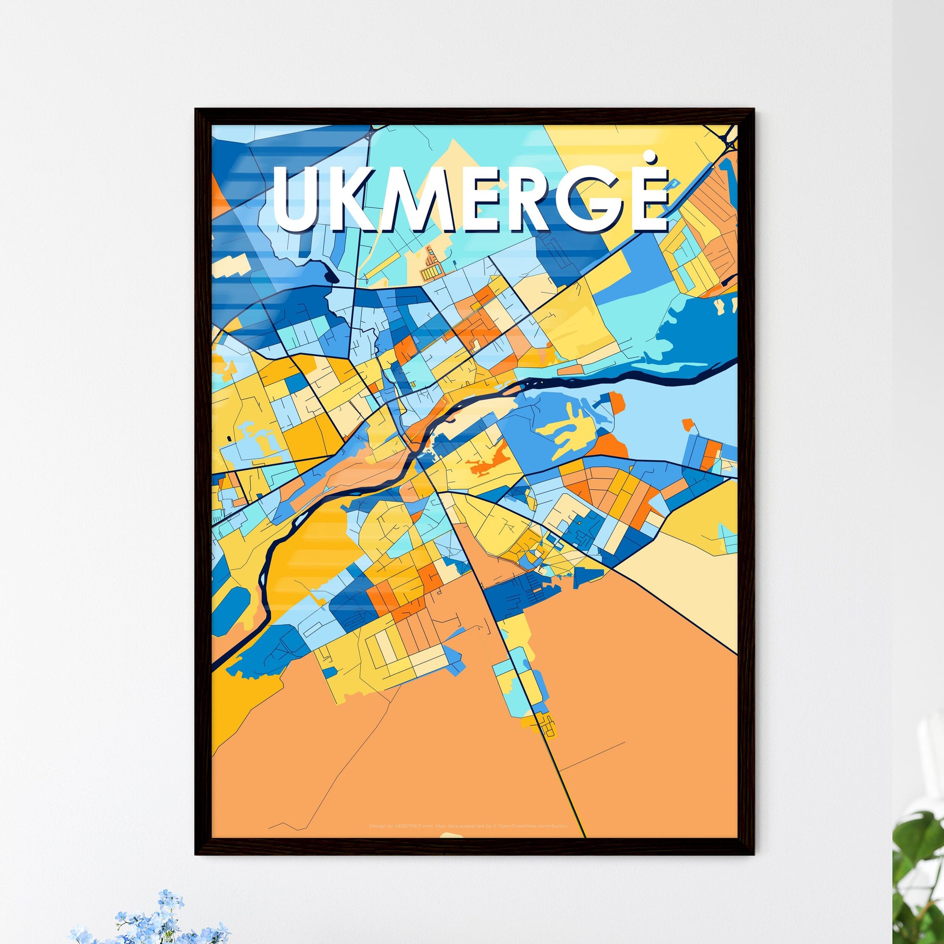 UKMERGĖ LITHUANIA Vibrant Colorful Art Map Poster Blue Orange