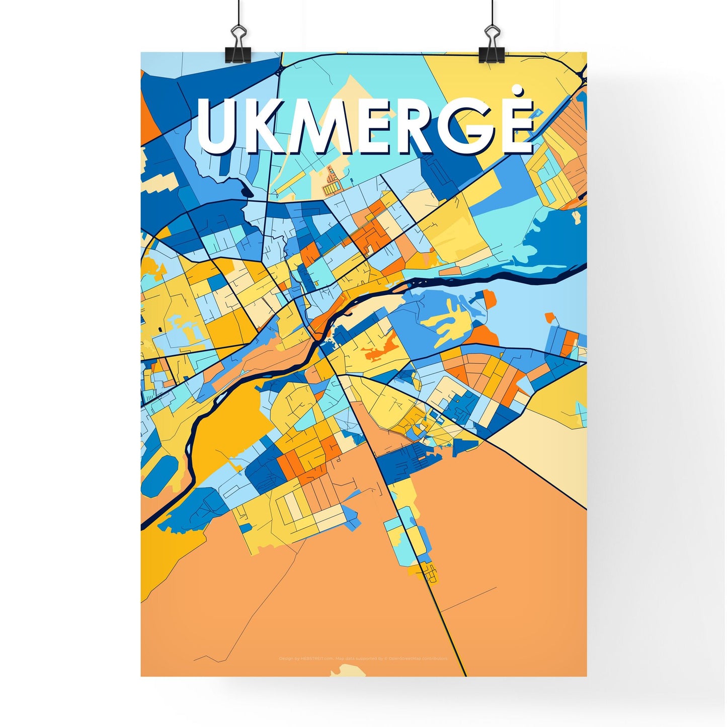 UKMERGĖ LITHUANIA Vibrant Colorful Art Map Poster Blue Orange