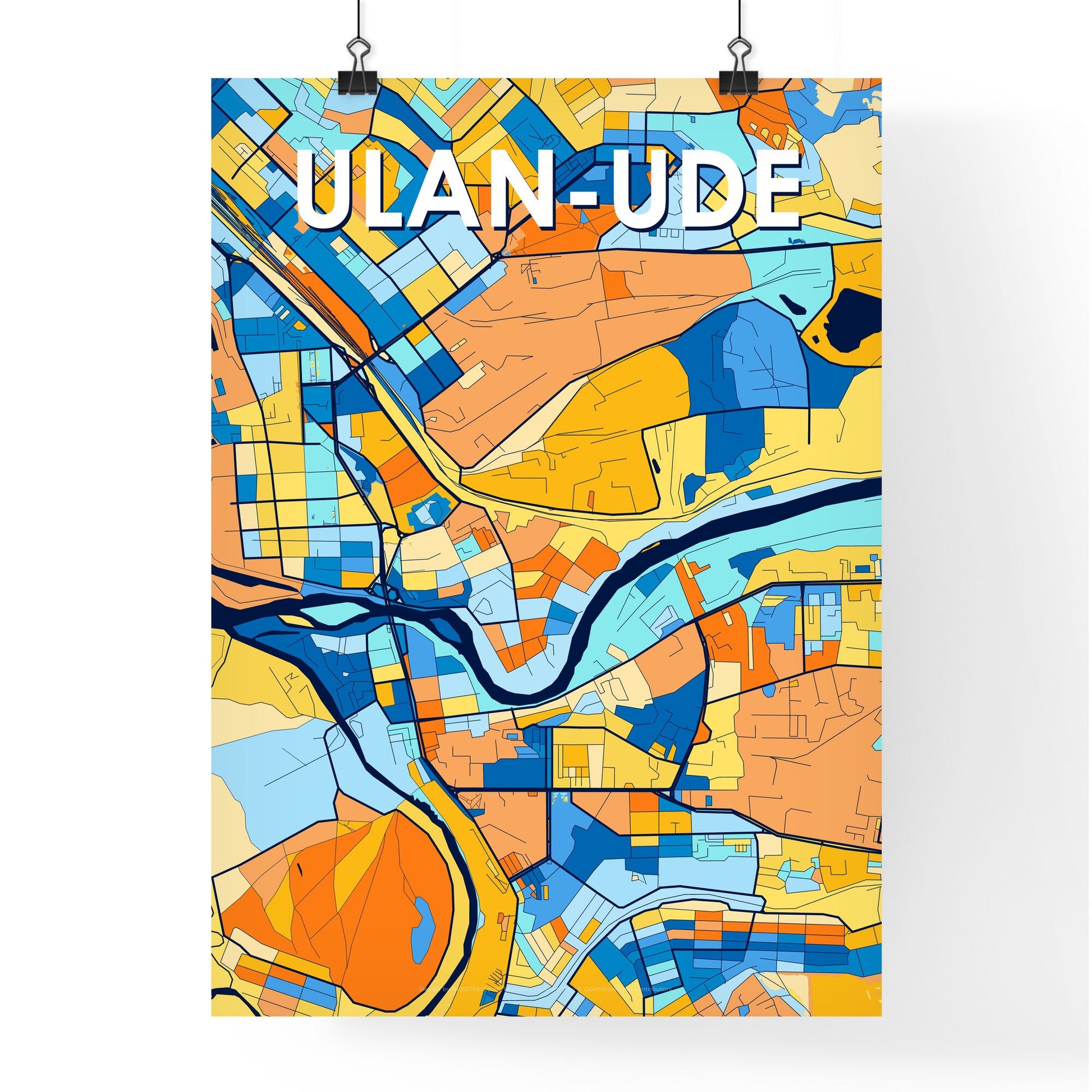 ULAN-UDE RUSSIA Vibrant Colorful Art Map Poster Blue Orange