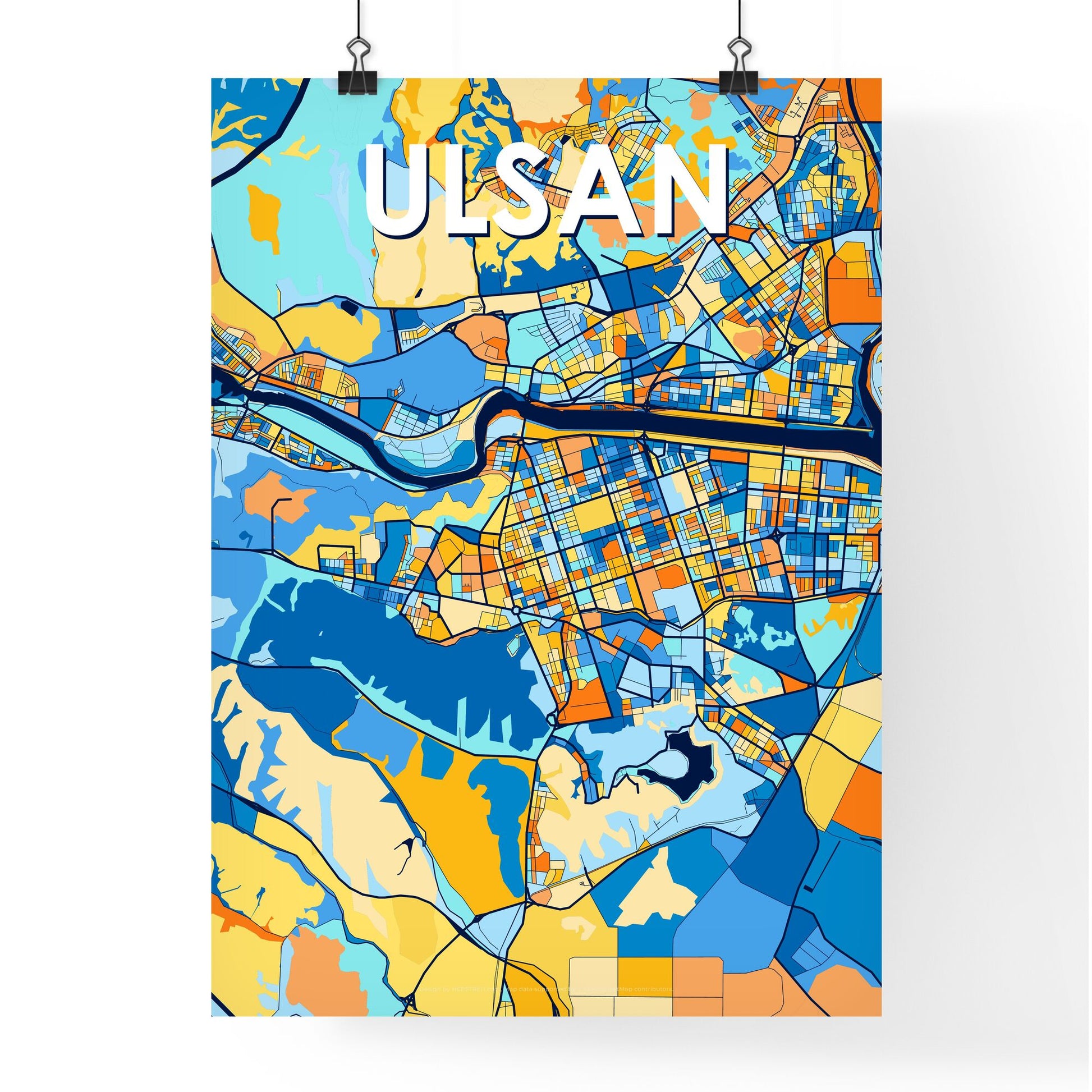 ULSAN SOUTH KOREA Vibrant Colorful Art Map Poster Blue Orange