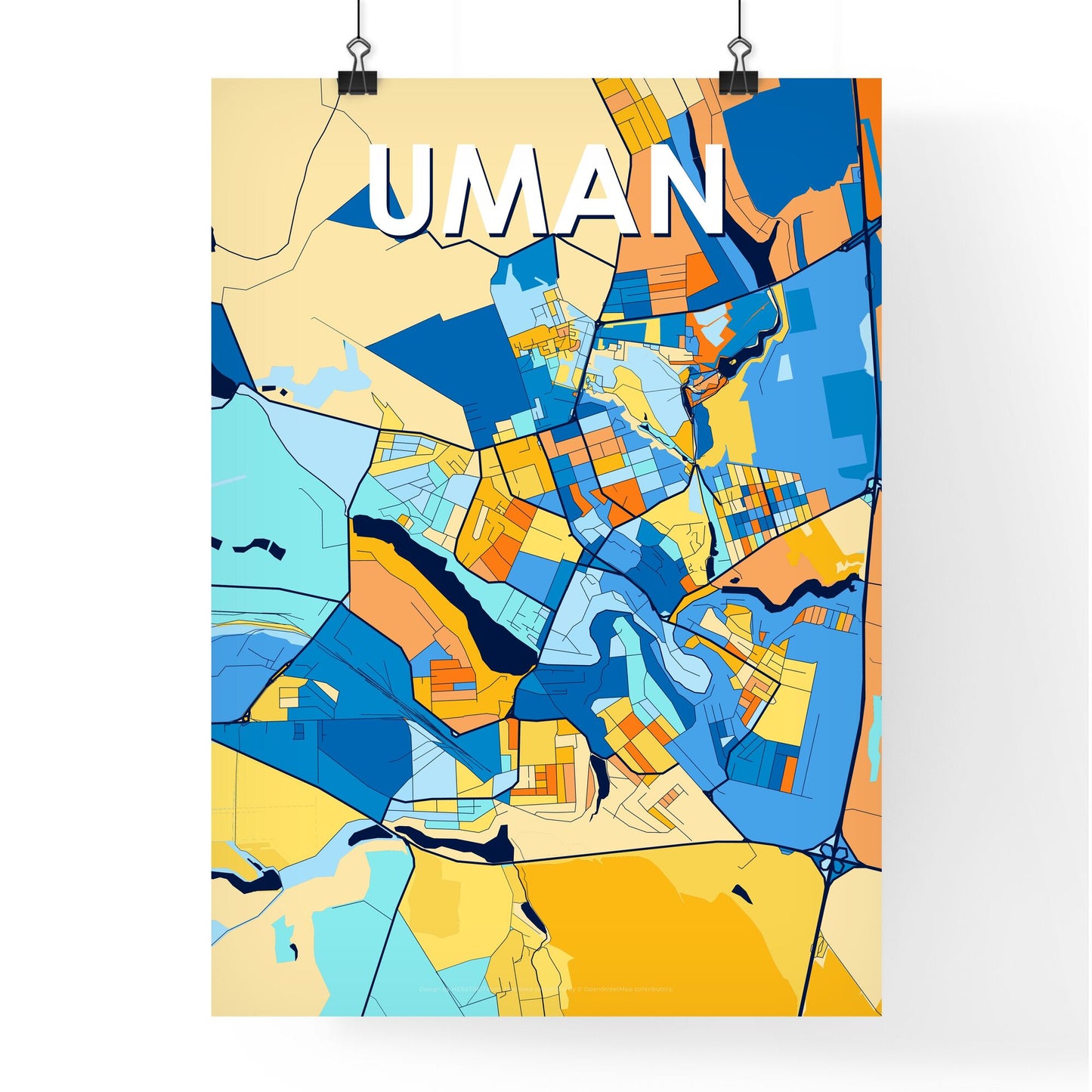 UMAN UKRAINE Vibrant Colorful Art Map Poster Blue Orange