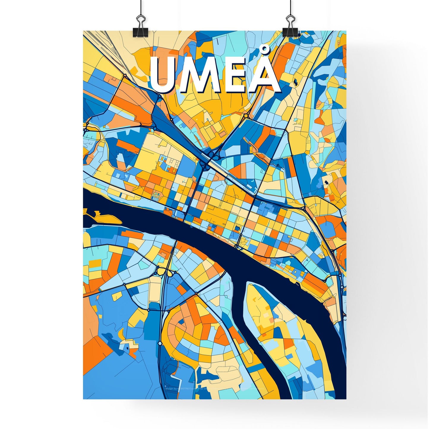 UMEÅ SWEDEN Vibrant Colorful Art Map Poster Blue Orange