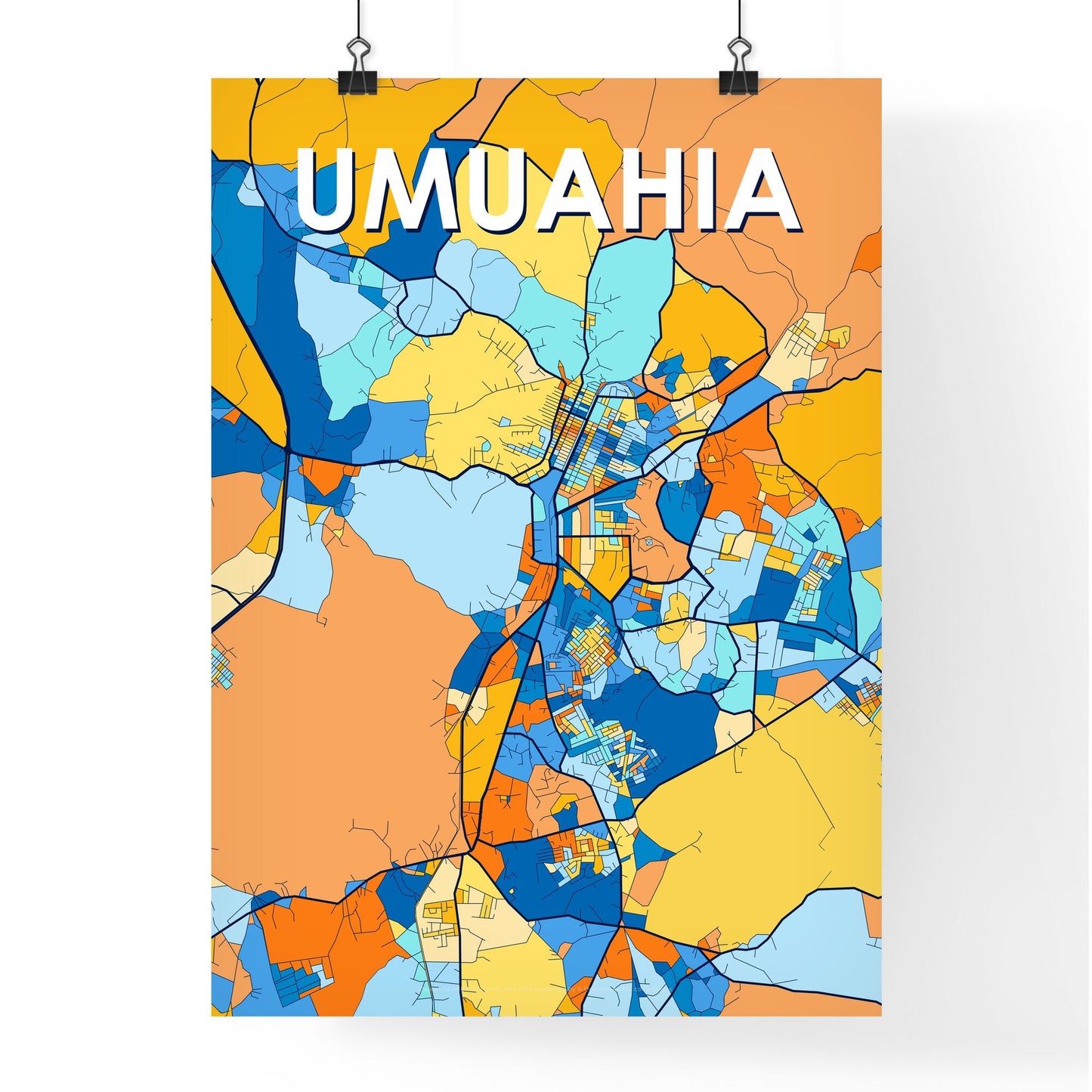 UMUAHIA NIGERIA Vibrant Colorful Art Map Poster Blue Orange