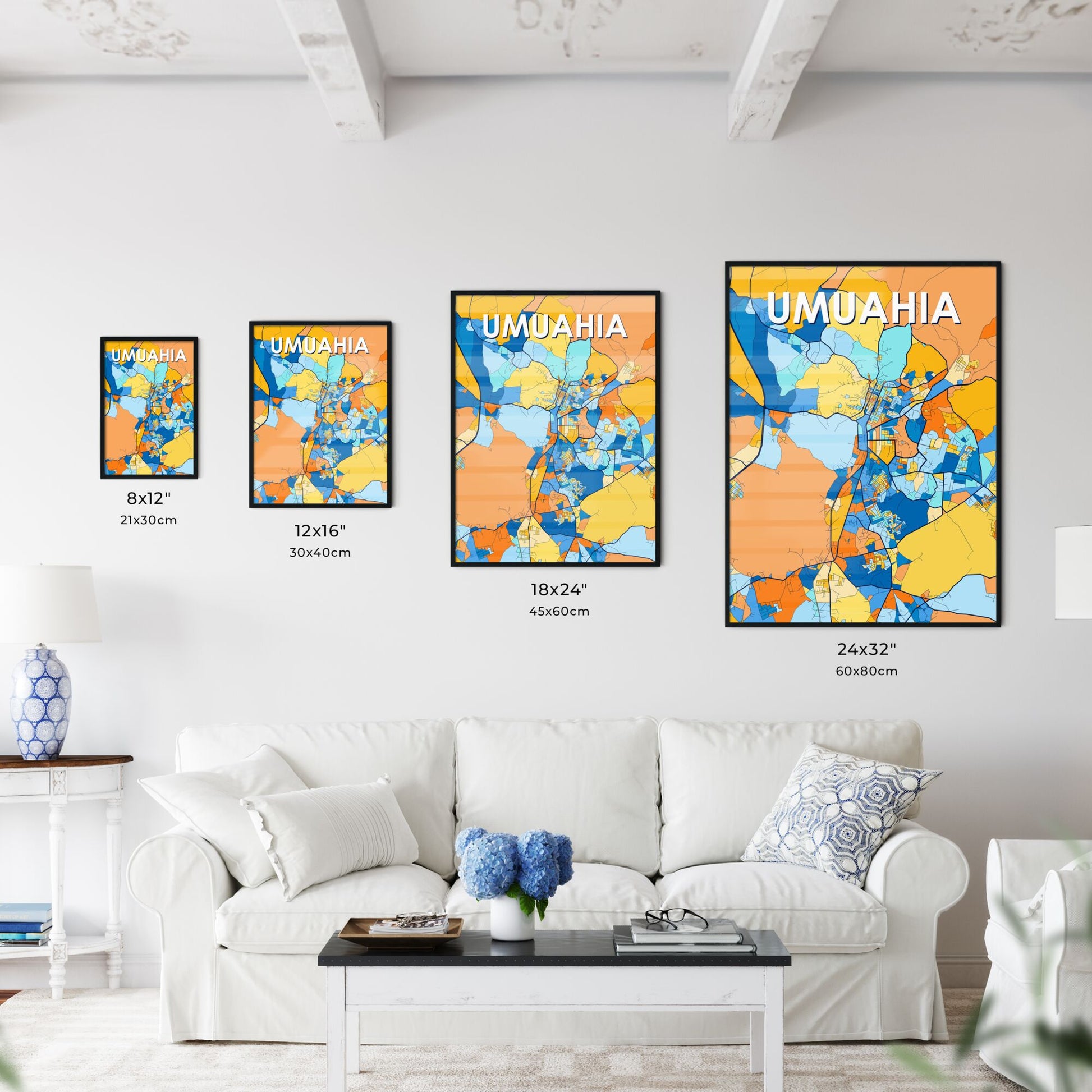 UMUAHIA NIGERIA Vibrant Colorful Art Map Poster Blue Orange