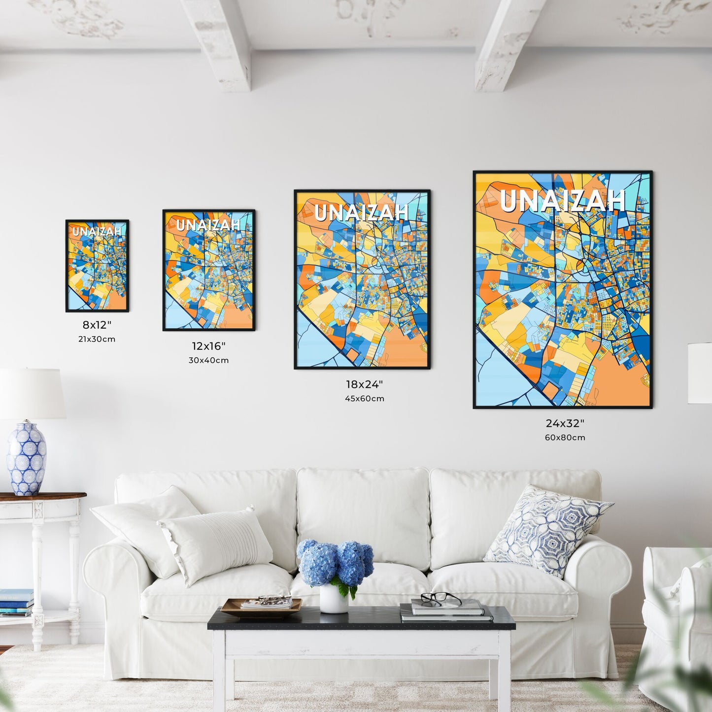 UNAIZAH SAUDI ARABIA Vibrant Colorful Art Map Poster Blue Orange