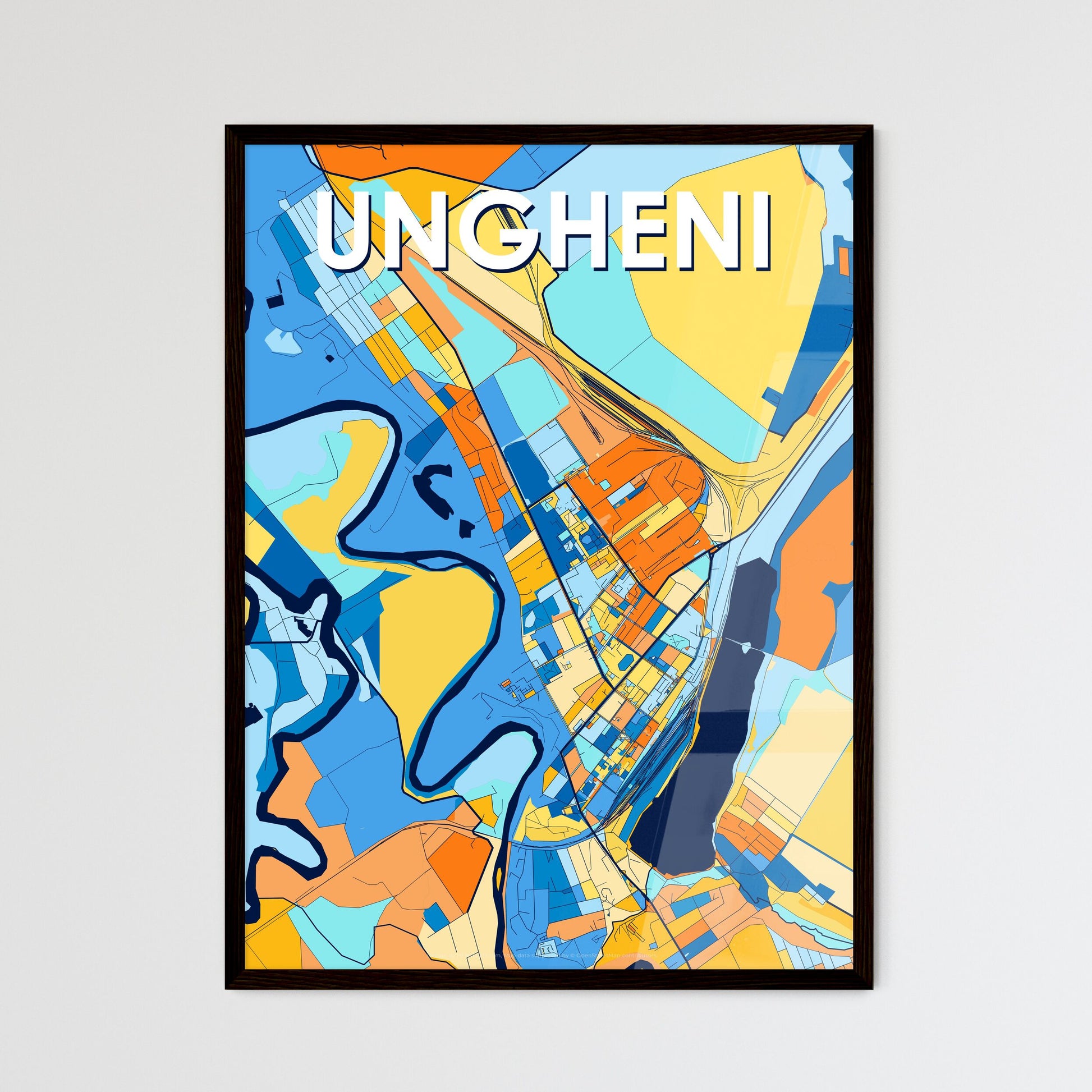 UNGHENI MOLDOVA Vibrant Colorful Art Map Poster Blue Orange