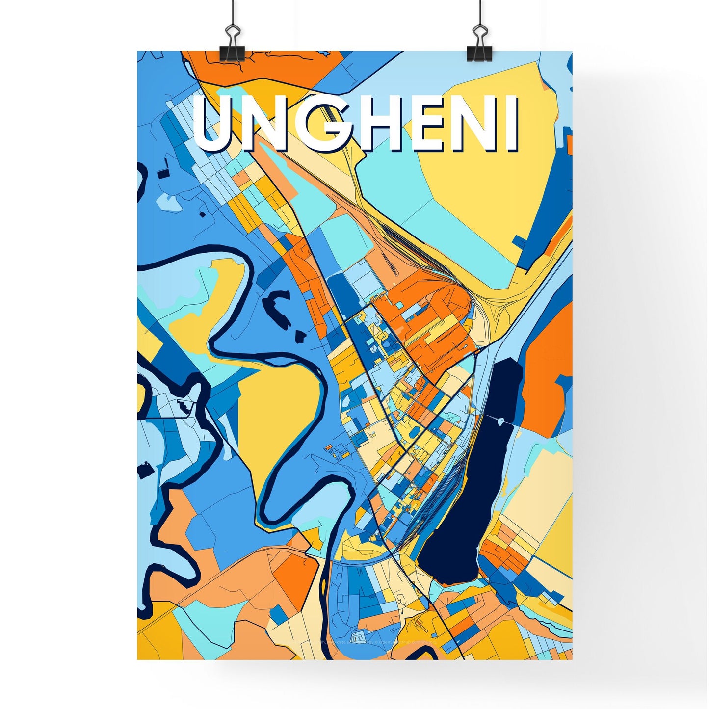 UNGHENI MOLDOVA Vibrant Colorful Art Map Poster Blue Orange