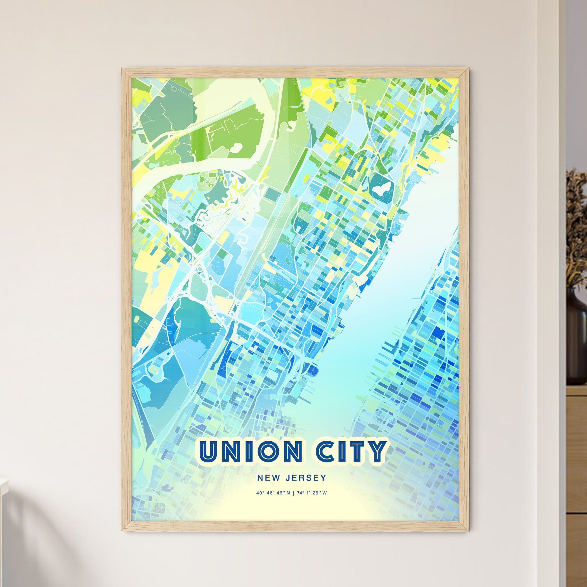 Colorful Union City New Jersey Fine Art Map Cool Blue